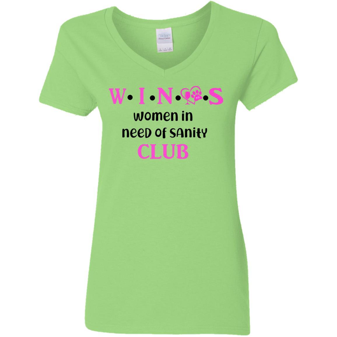 WineyBitches.Co WINOS Club Women's 5.3 oz V-Neck T-Shirt with Pink Lettering - Perfect for Wine Tasting, Girls Night Out & Casual Wear