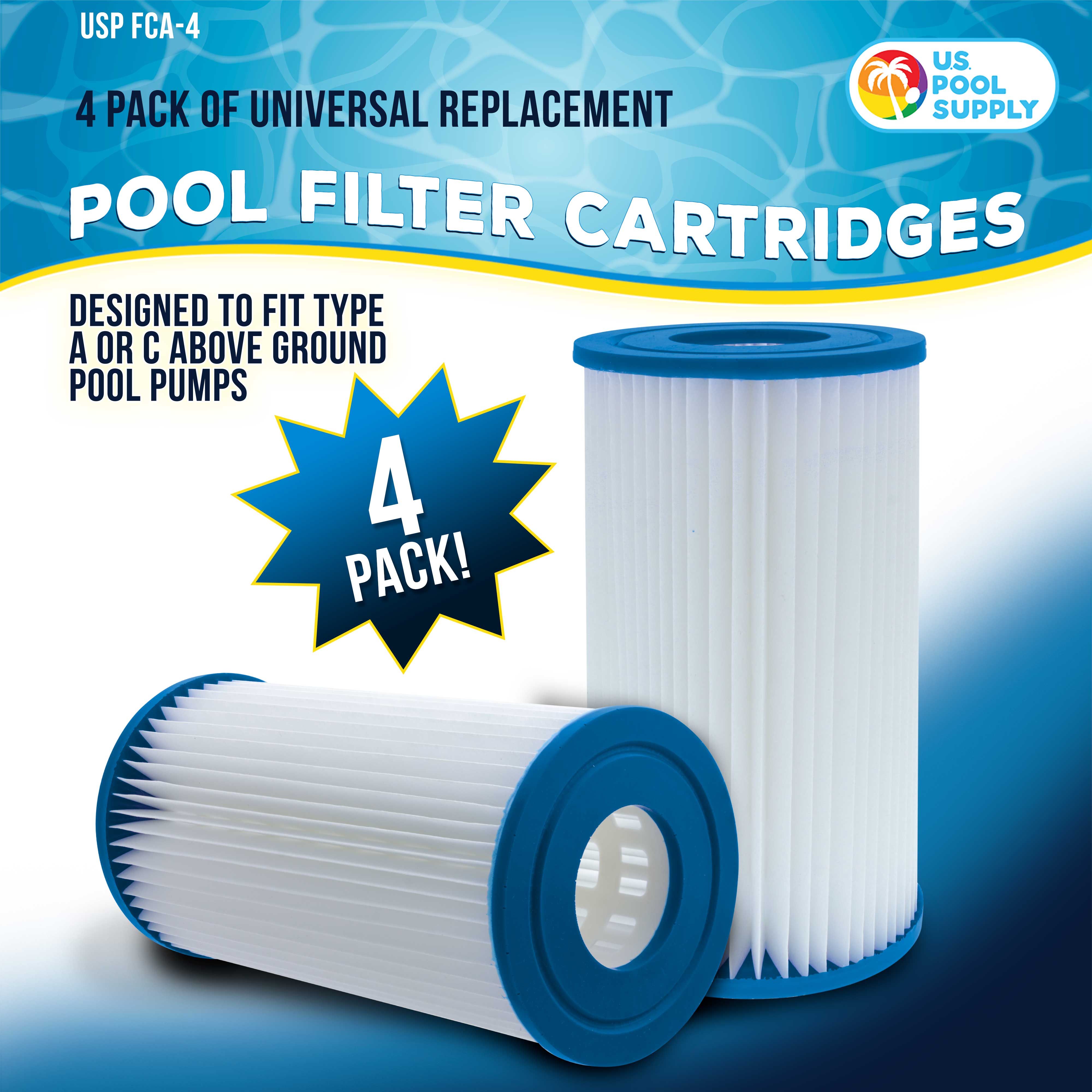 Universal Replacement Filter Cartridges 4 Pack - Type A & C for Above Ground Pool Pumps | Compatible with Most Swimming Pool Filters | Perfect for Pool Maintenance & Water Filtration