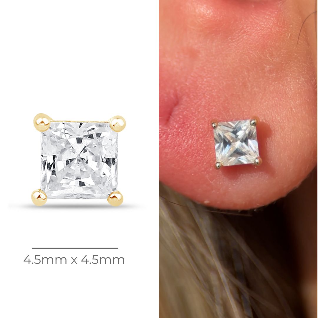 14k Yellow Gold Princess Cut Cubic Zirconia Flat Back Stud Earrings - Perfect for Weddings, Parties & Everyday Elegance
