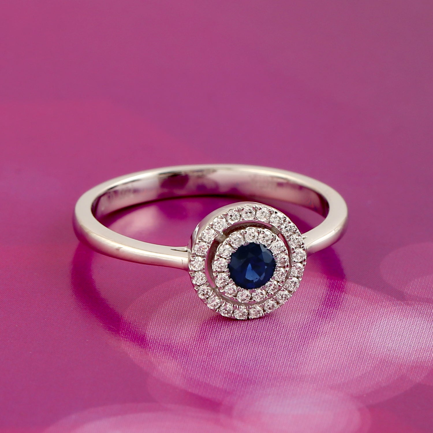 14K White Gold Round Blue Sapphire and Diamond Pave Band Ring for Women - Elegant Wedding, Engagement, or Anniversary Jewelry Gift
