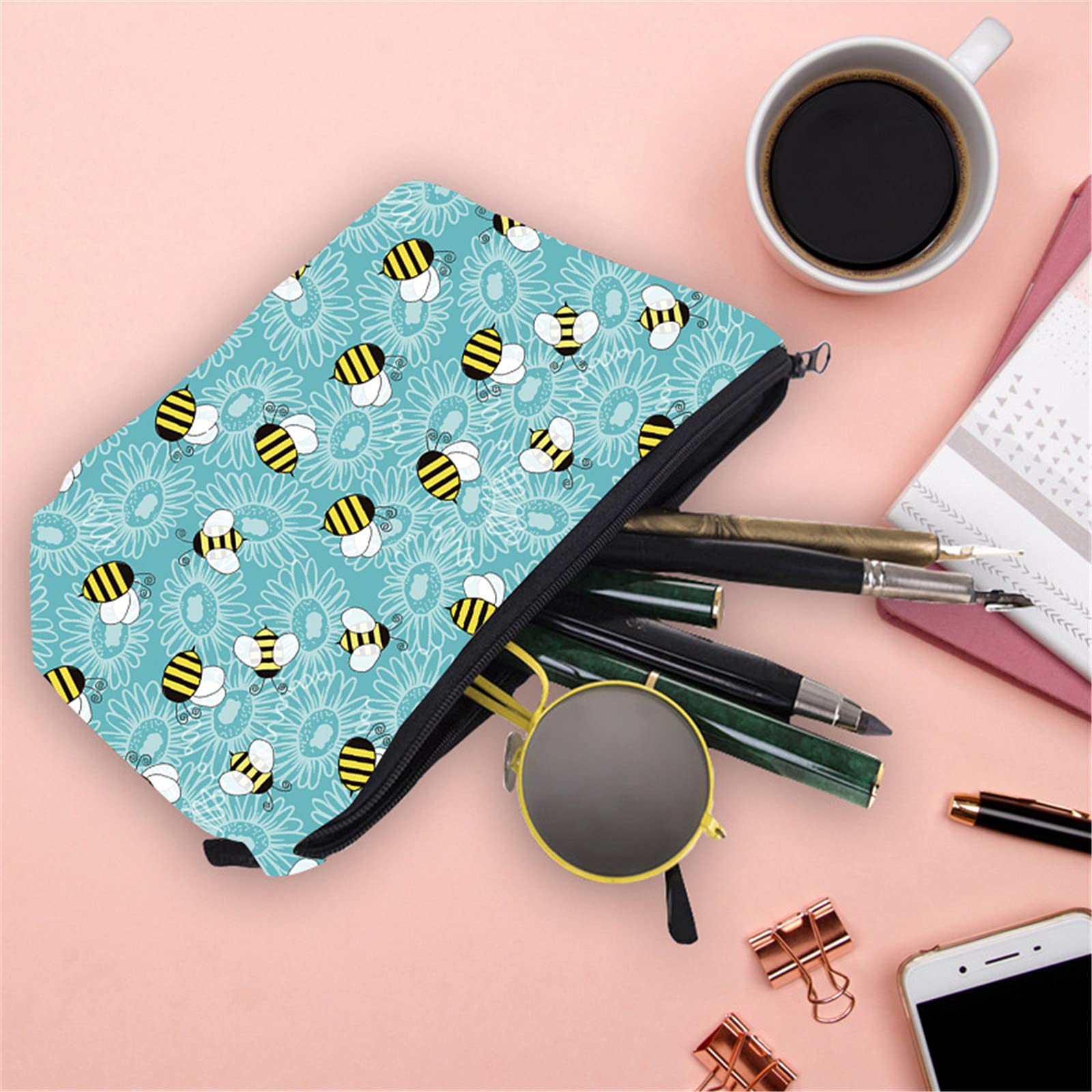 Tuscom Cute Bee Pattern Cosmetic Bag Set - Waterproof Leather Makeup Pouch & Toiletry Organizer for Women & Girls - Perfect for Travel, Gym, and Daily Purse Essentials