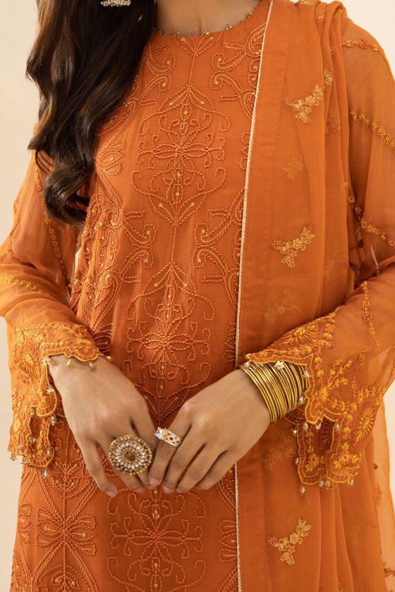 Elegant Crinkle Chiffon Orange 3 Piece Suit for Women - Formal Office Wear & Evening Party Outfit