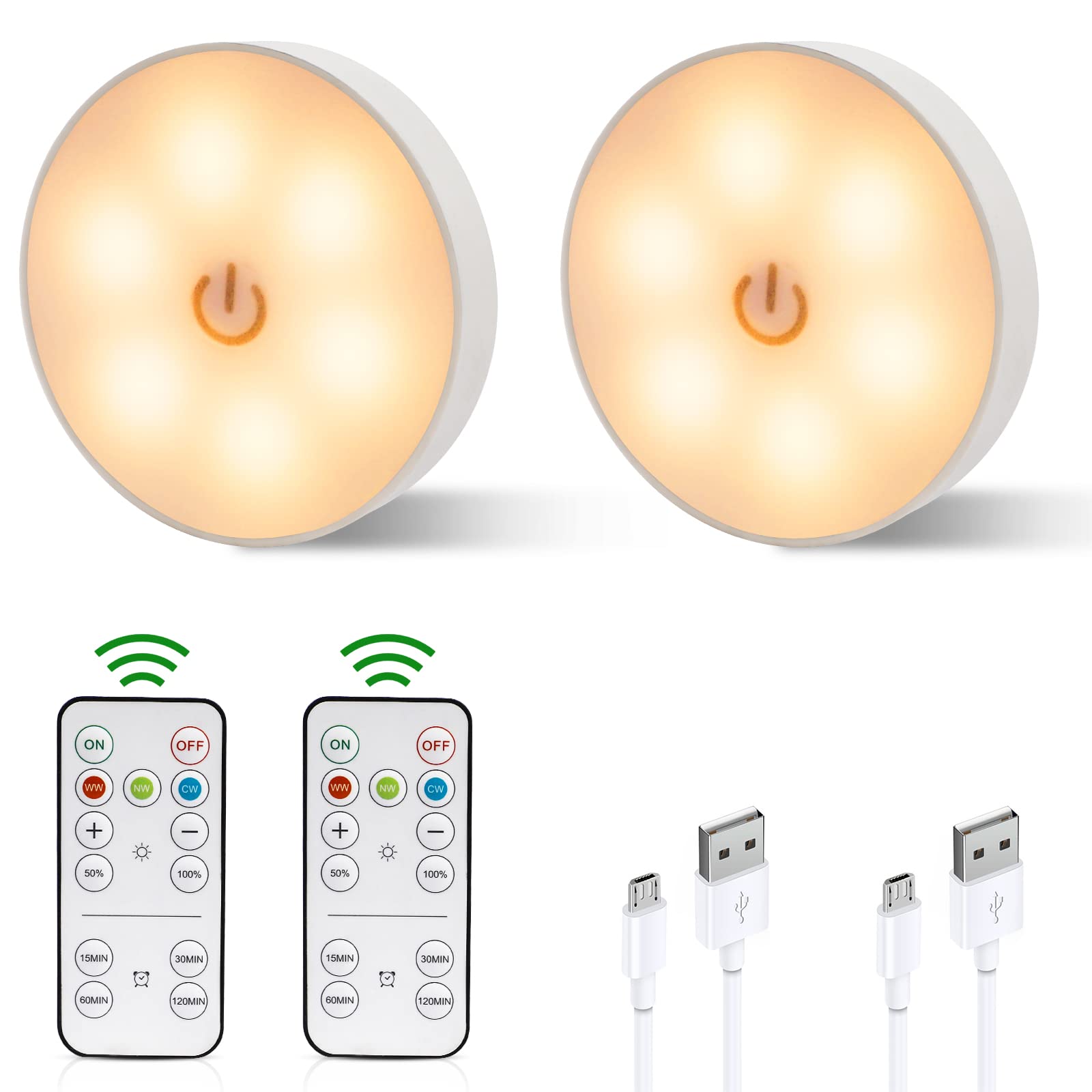 AIBOO Rechargeable LED Puck Lights with Remote - Wireless Dimmable Touch Lights for Closet, Cabinet, Wardrobe (2700-6000K, 2 Pack) - Perfect for Night Lights, Under Cabinet Lighting & Home Decor