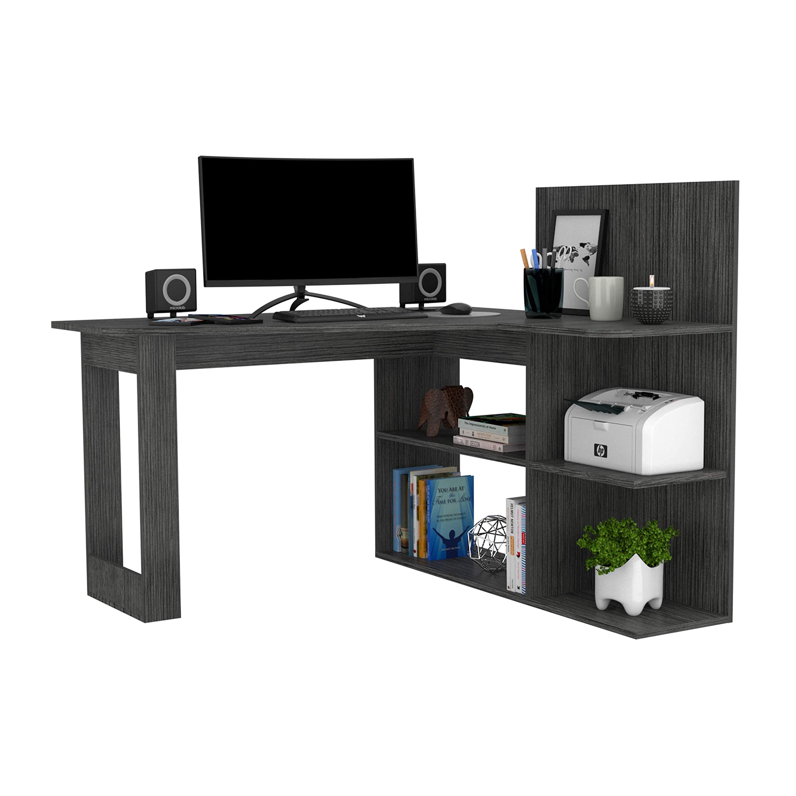 L-Shaped Computer Desk with 4 Shelves - Smokey Oak Finish, Home Office Desk for Small Spaces, Gaming & Study Workstation, Ergonomic Corner Desk for PC & Laptop