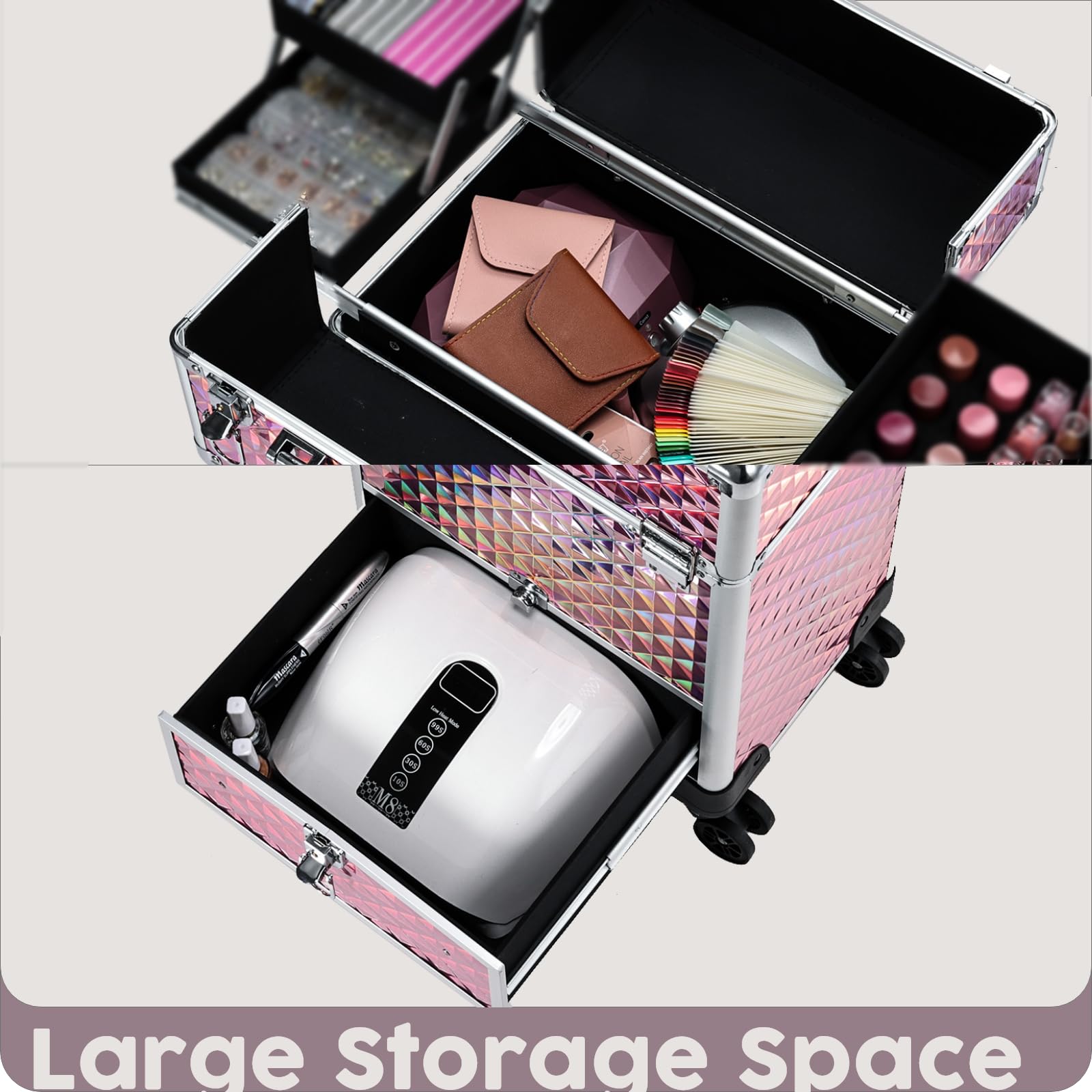 Professional Rolling Makeup Case with Sliding Drawers - Portable Cosmetic Trolley for Estheticians, Mobile Stylists & Manicurists - Glitter Pink Travel Beauty Organizer for Salon, Home & On-the-Go Use