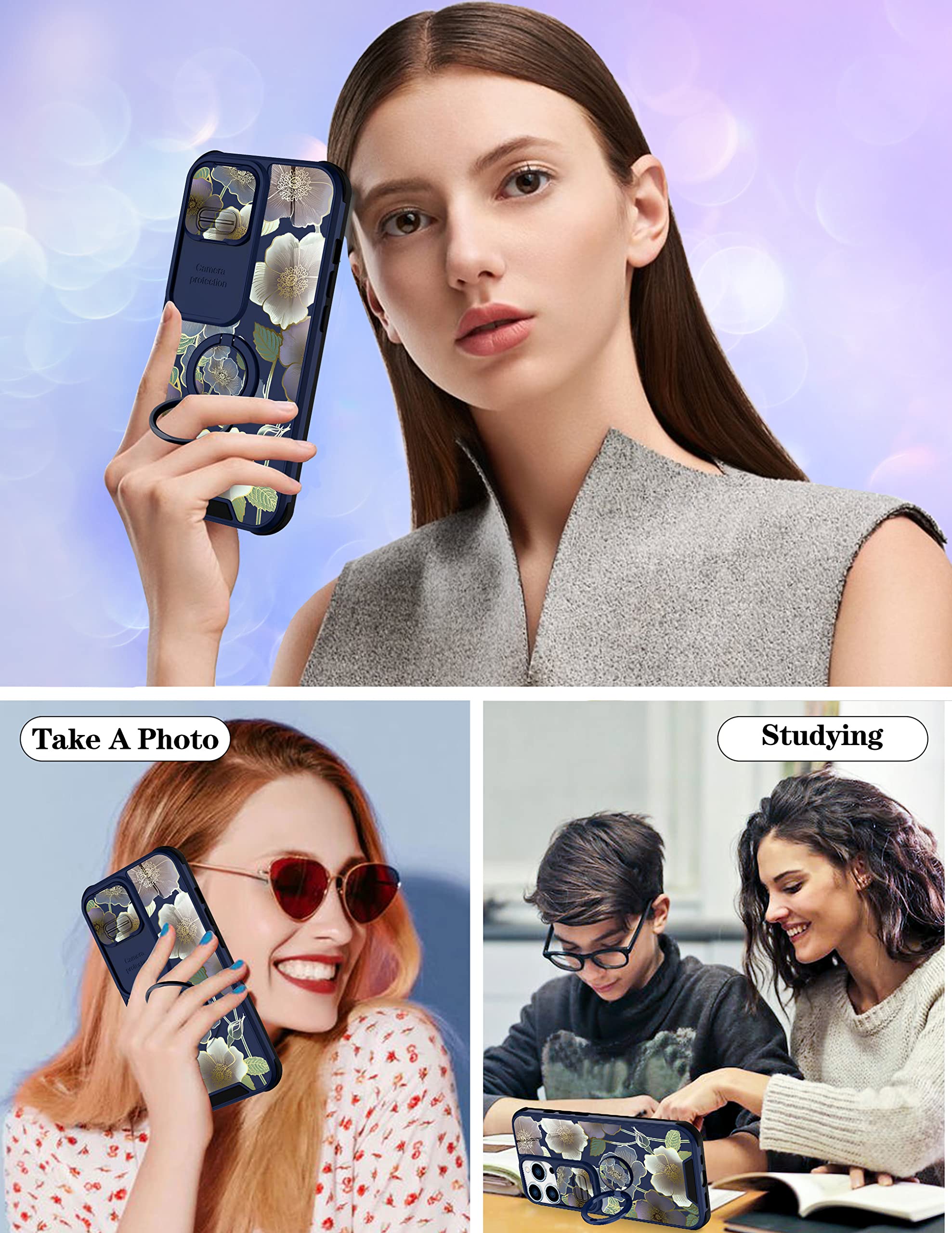 Goocrux 2in1 iPhone 13 Pro Case with Slide Camera Cover & Ring Holder - Floral Flower Design for Women, Girls | Cute Girly Phone Cover | Fashion Pattern Unique Protection for iPhone 13 Pro 6.1