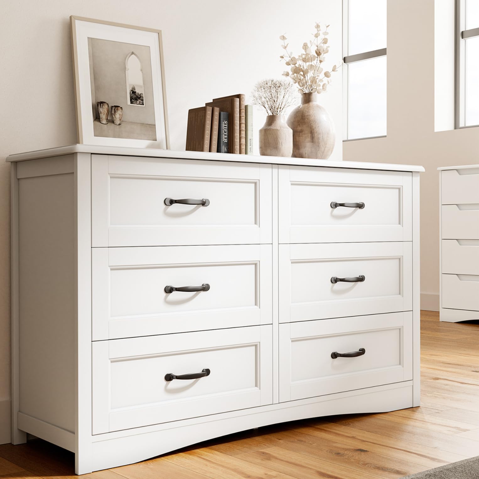 Gizoon 6-Drawer Dresser - White Storage Chest for Bedroom & Living Room