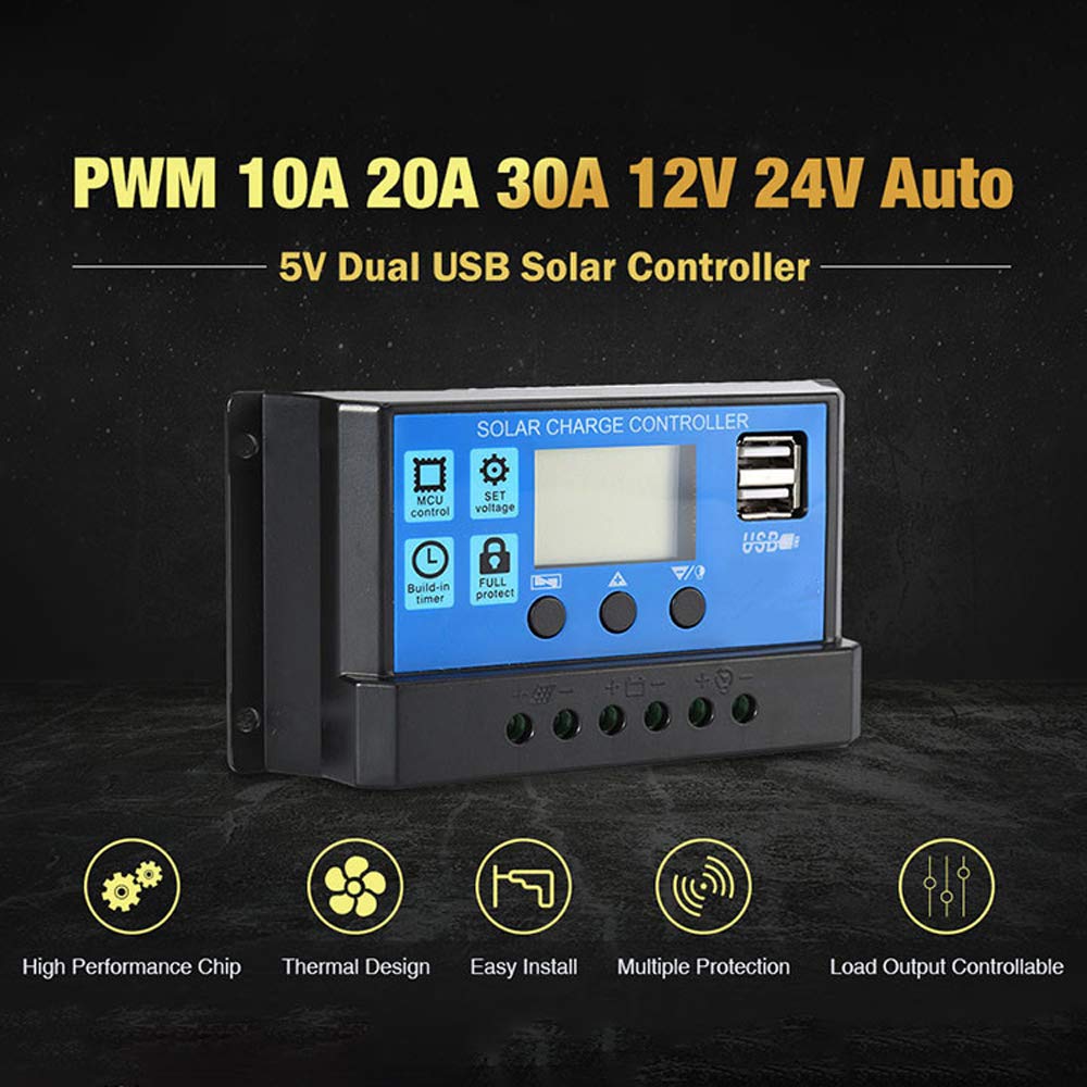 Decdeal 12V/24V Auto Solar Charge Controller with Dual USB Ports - Universal Solar Panel Battery Regulator for DIY Solar Power Systems | Perfect for RVs, Boats, Off-Grid Cabins & Emergency Power Backup