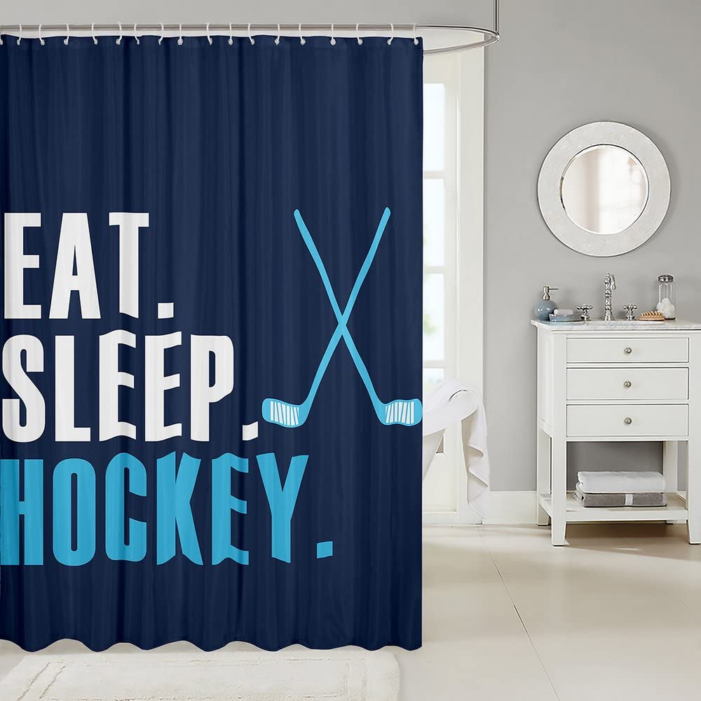 Ice Hockey Shower Curtain Set - 72x72 Inch Sports Theme Bathroom Decor for Men & Women - Blue Hockey Player Design with 'Eat Sleep Hockey' Print - Perfect for Hockey Fans, Winter Sports Enthusiasts, and Game Room Bathroom Accessories