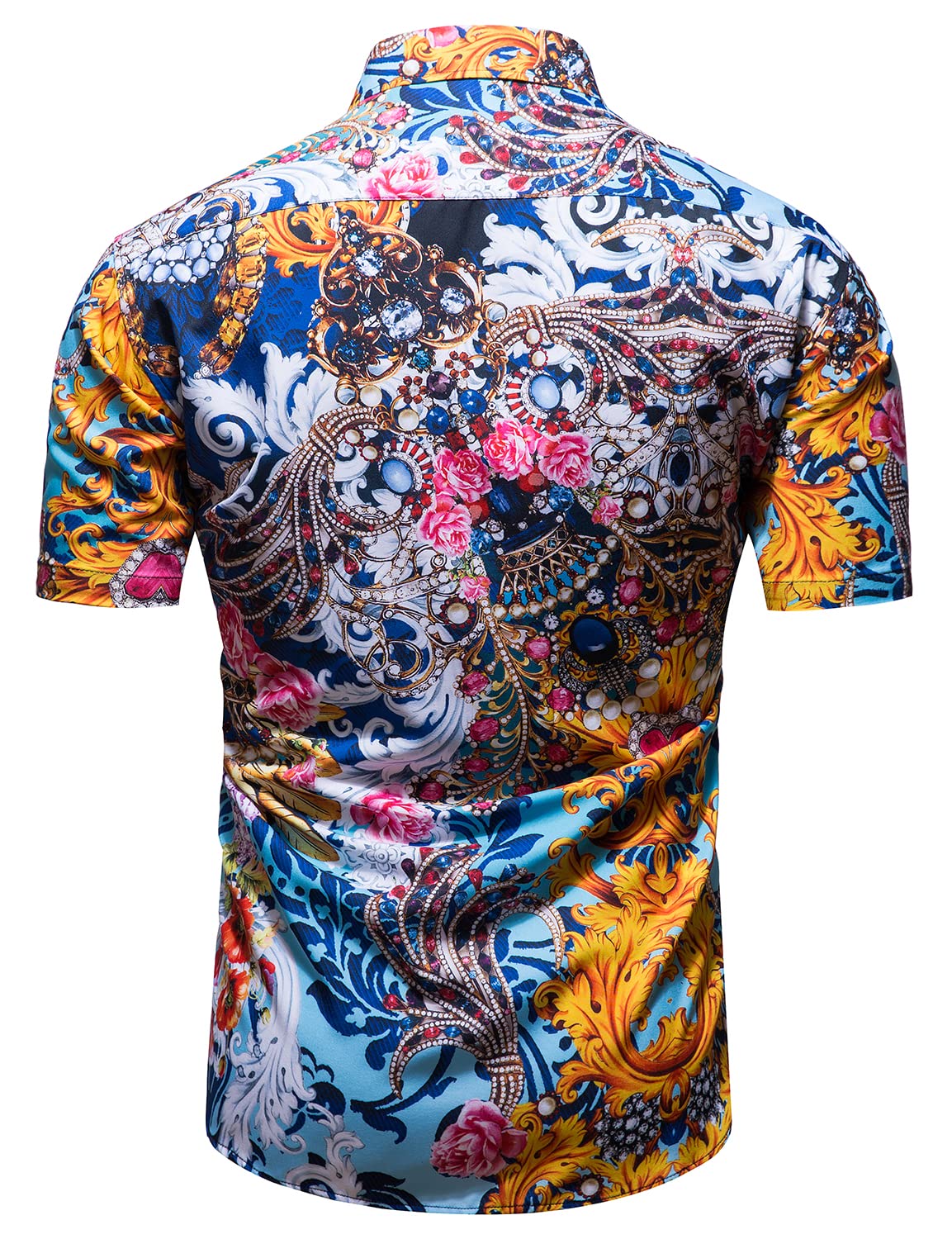 Luxury Men's Black & Gold Baroque Print Short Sleeve Dress Shirt - Chain Design Button Down Casual Shirt for Parties, Weddings & Night Out