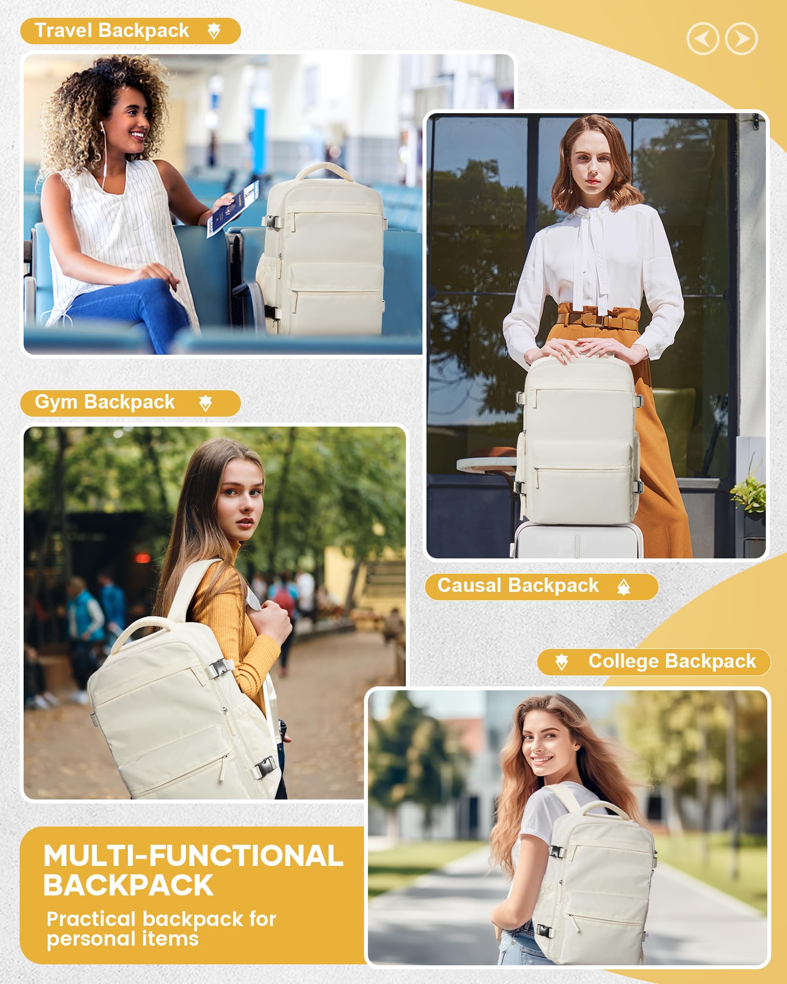 BOXSAM Large Vacuum Travel Backpack with Pump - 18x14x8 Inch Flight Approved Carry-On Backpack for Women & Men, Waterproof Laptop Daypack with Compression Bags - Perfect for Air Travel, Work Commute & Casual Outings (Beige)