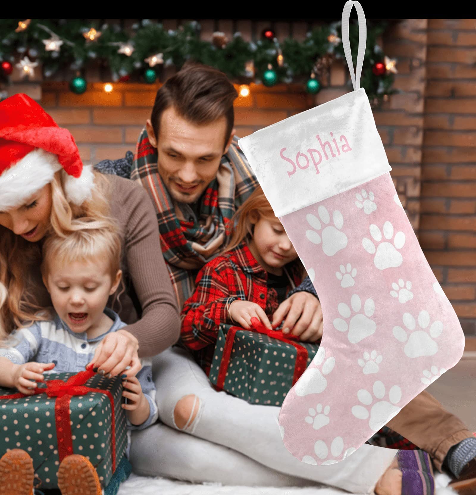 Personalized Pink Dog Paws Christmas Stockings with Name - 17.52 x 7.87 Inch Holiday Decor for Family, Pets & Festive Home Decor - Perfect for Xmas Gifts, Fireplace Mantel & Cozy Winter Celebrations