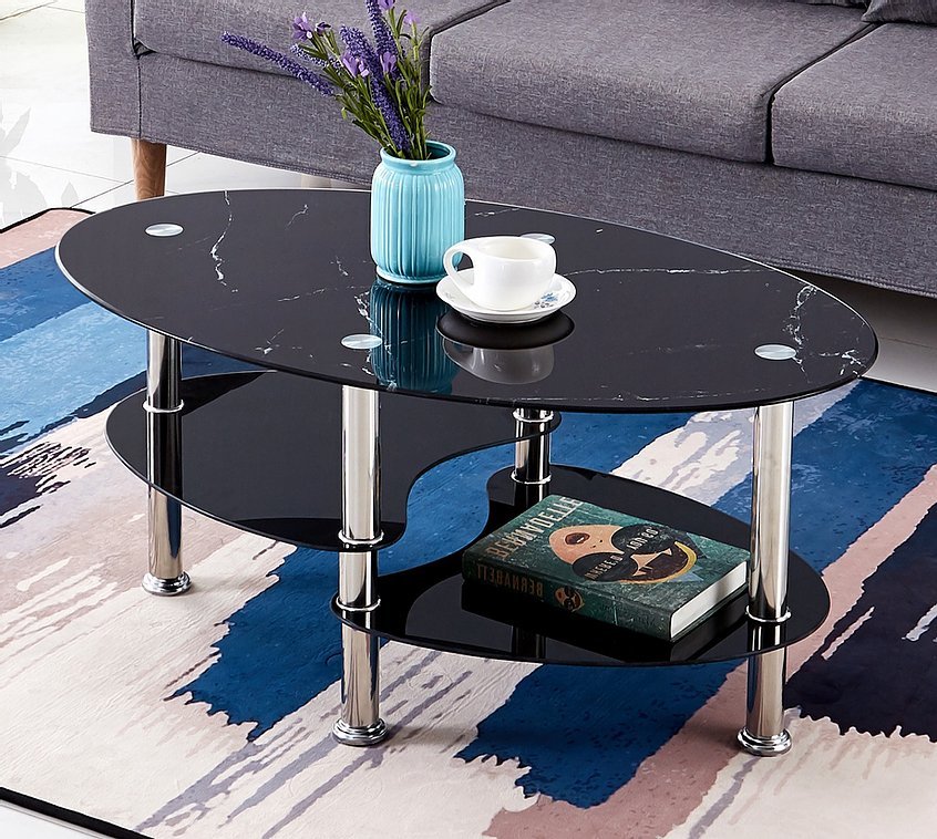 Modern Black Marble Glass Coffee Table with Chrome Metal Legs - Stylish Living Room Centerpiece for Home & Office Decor