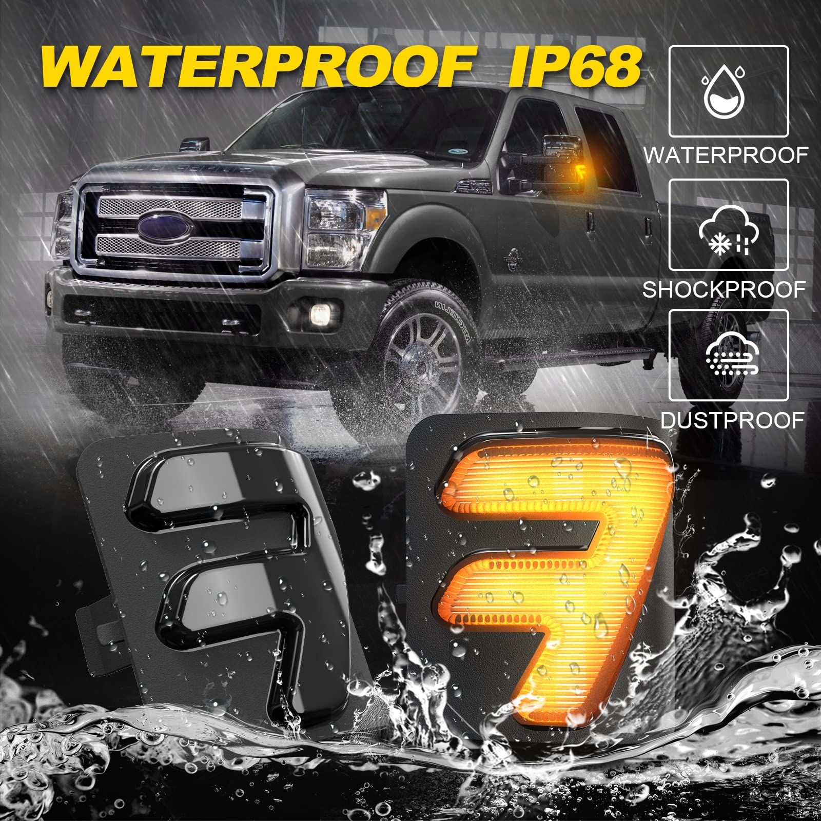 LED Side Mirror Marker Lights for 2008-2016 Ford F250 F350 F450 F550 Super Duty, Sequential Amber Turn Signal & Running Lights - Upgrade Your Truck's Safety and Style for Night Driving & Off-Road Adventures