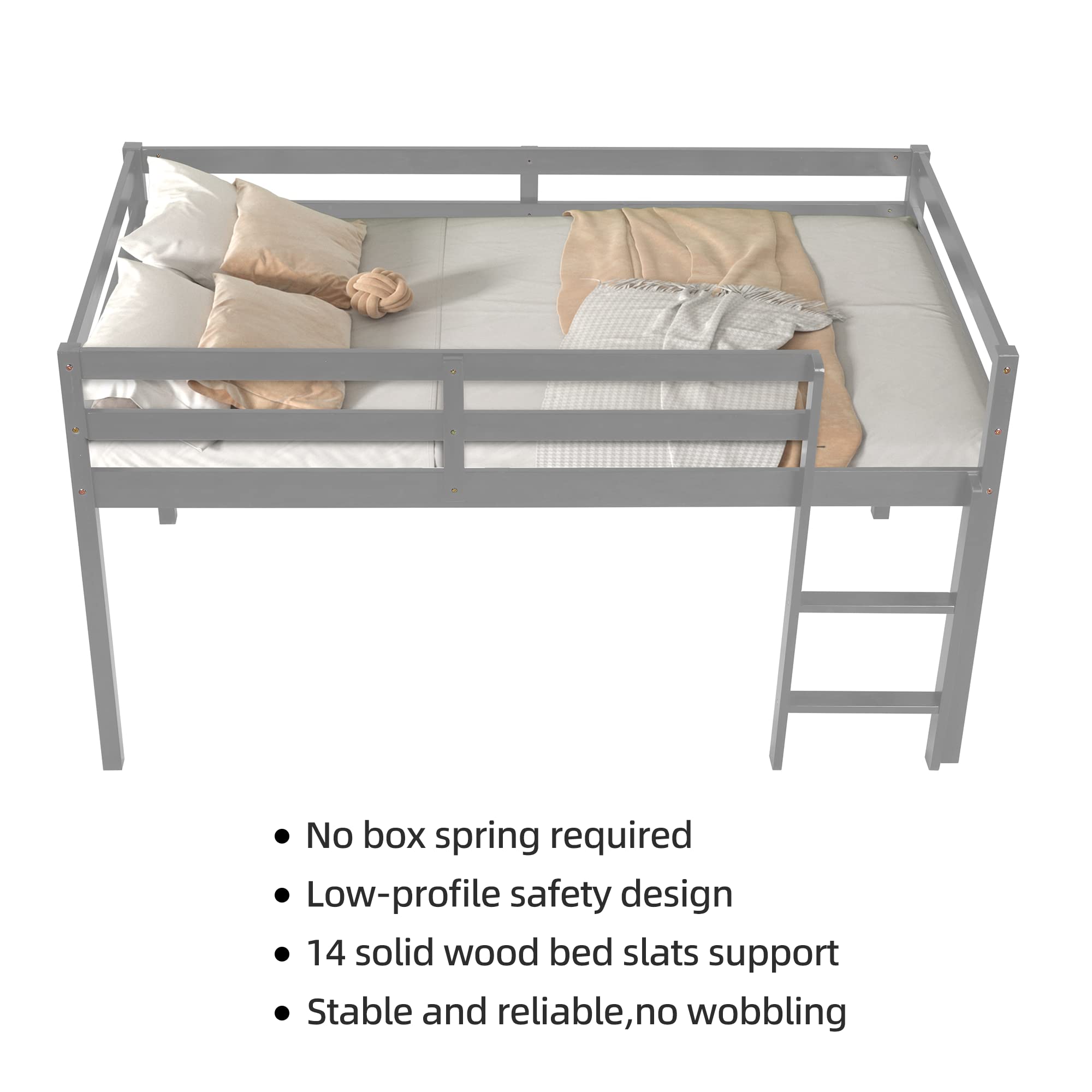 **Solid Wood Twin Loft Bed for Kids with Ladder & Guard Rail - Sturdy Low Bunk Bed Frame for Boys & Girls - No Box Spring Needed - Easy Assembly (Grey) - Perfect for Small Bedrooms, Dorms & Kids' Rooms**