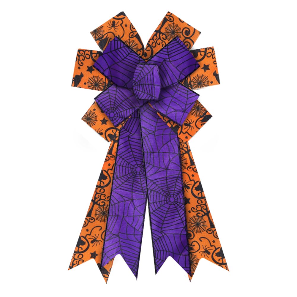 Large Halloween Wreath Bows - Orange & Purple Spider Web Burlap Bows for Wreaths, Trees & Home Decor - Indoor/Outdoor Halloween Decoration Supplies - Perfect for Front Door Wreaths, Mantel Decor & Party Decorations
