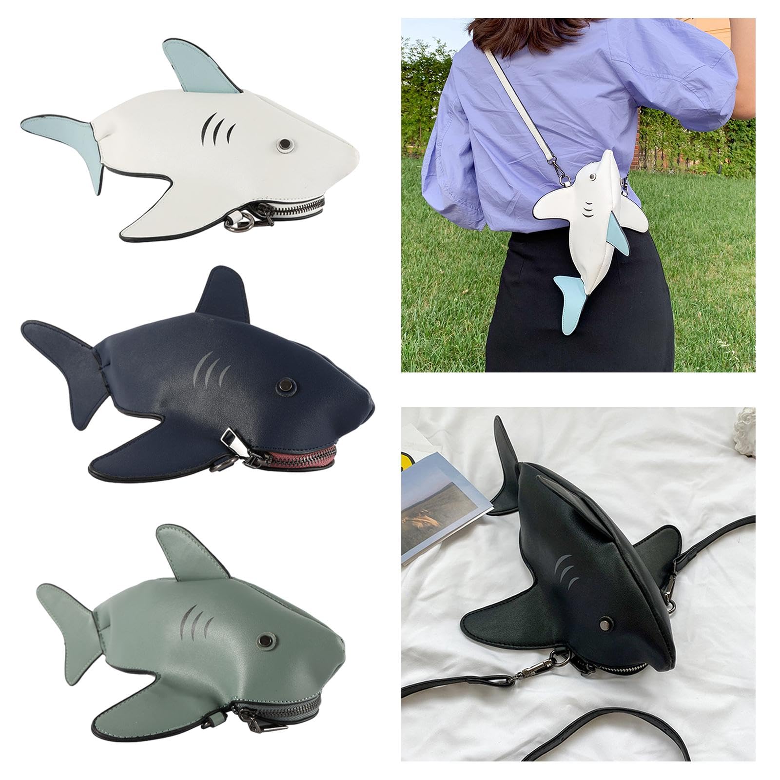 MYADDICTION Scary Shark PU Leather Handbag - Cute Animal Crossbody Bag for Women, Fashion Beach Travel Purse (White) - Perfect for Beach Outings, Travel & Casual Daily Use