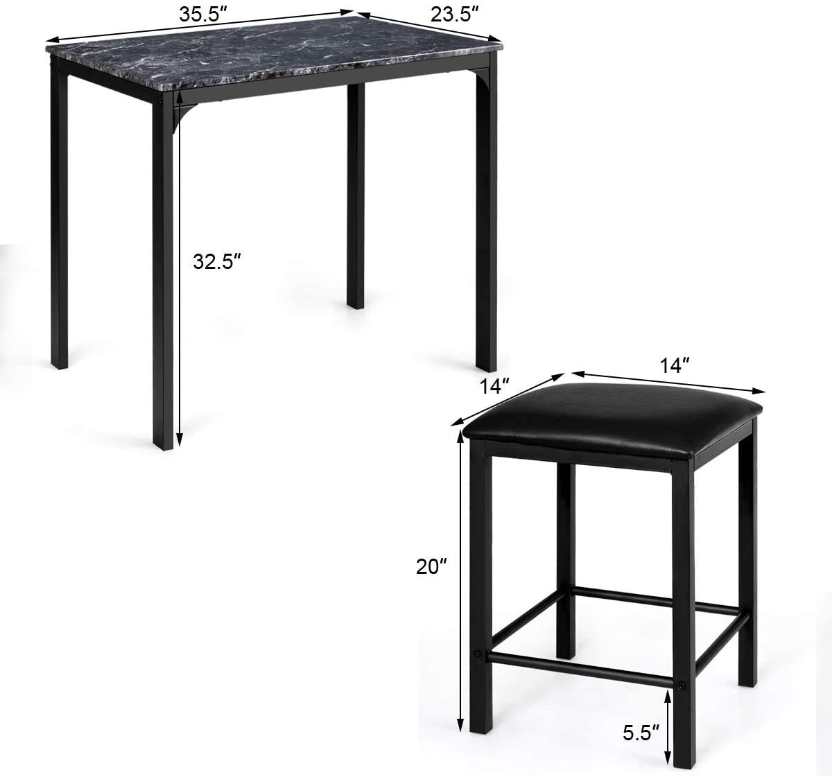 ReunionG 3-Piece Modern Dining Table Set with Marble Tabletop & Metal Frame - Black Kitchen & Dining Room Furniture for Breakfast Nook, Bar, Small Spaces & Apartments