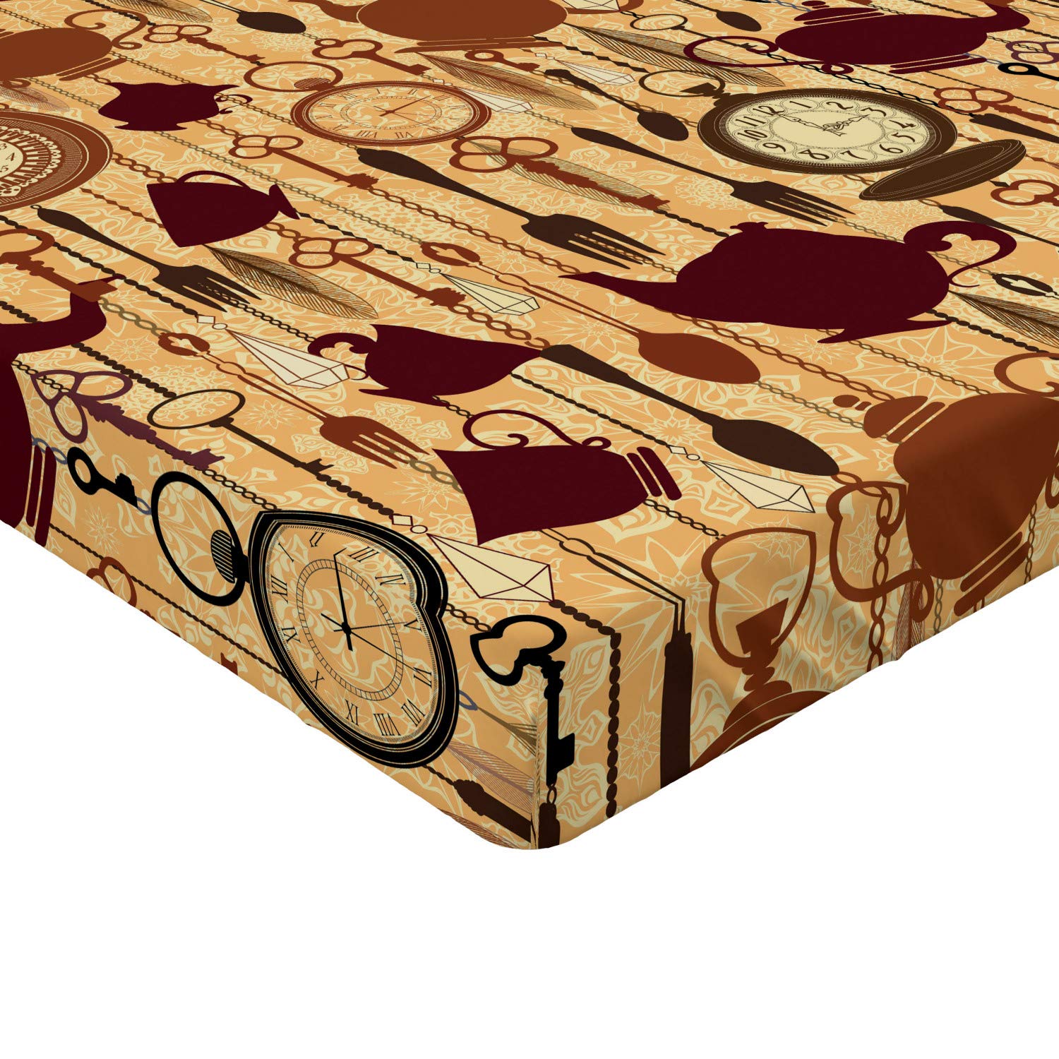 Ambesonne Victorian Style Tea Party Fitted Sheet - Queen Size Brown Redwood Floral Print with Deep Pocket Elastic - Perfect for Themed Bedrooms, Guest Rooms & Tea Lover's Decor