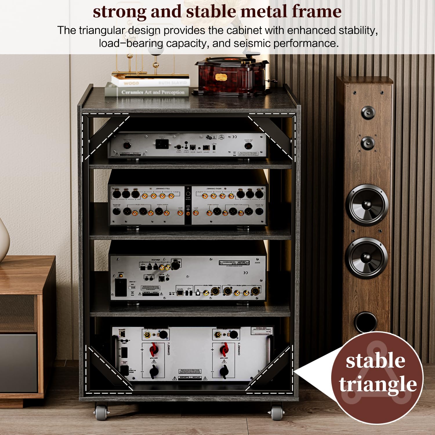 YYJ Modern Rolling AV Media Stand with 4 Adjustable Shelves & Glass Doors - Entertainment Storage Cabinet for Gaming, TV, Stereo Components - Perfect for Living Room & Home Theater Setup