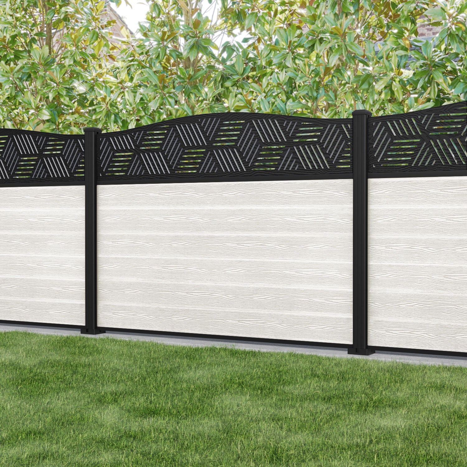 Classic Cubed Curved Top Fence Panel - Light Stone Color with Aluminum Posts | Durable Outdoor Privacy Fence for Garden, Yard, and Pool Area