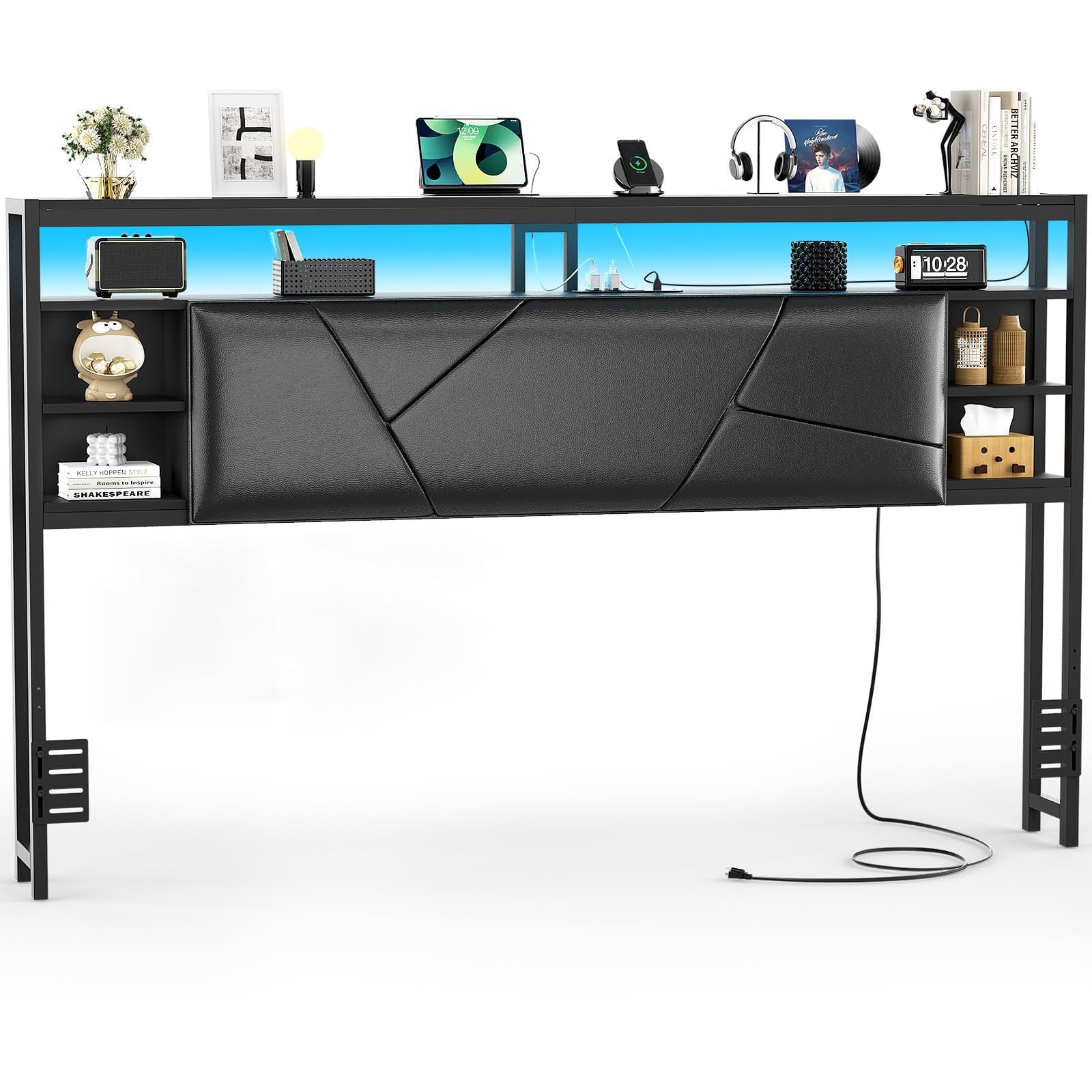 King Size Upholstered Headboard with USB Charging Station, Smart RGB LED Lights & Storage Shelf - Sturdy Bed Frame for Bedroom, Guest Room, Dorm - Easy Assembly (Black) | Perfect for Modern Home Decor, Nighttime Reading & Device Charging