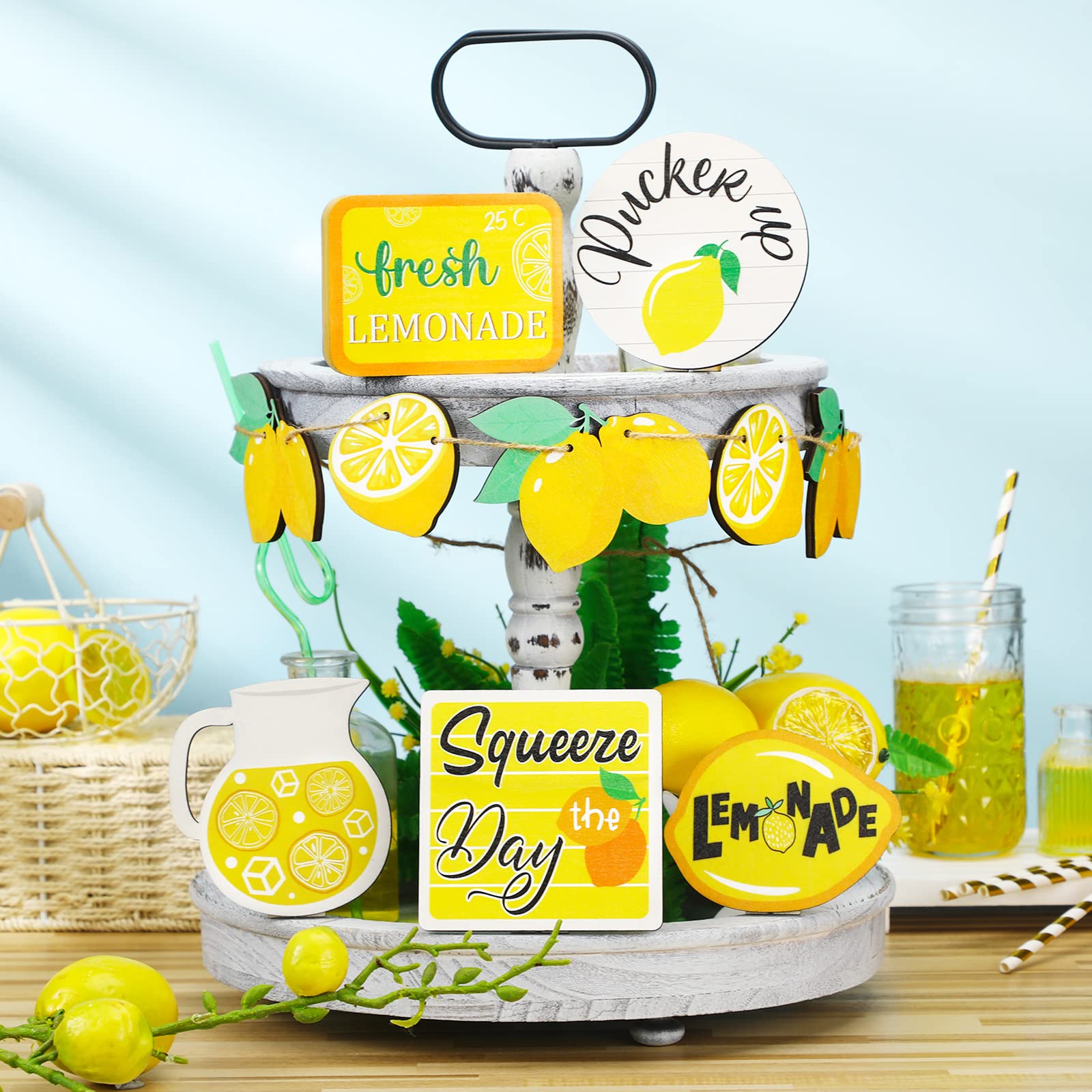 11 Pcs Lemon Summer Tiered Tray Decor Set - Farmhouse Wood Signs for Home & Party Decorations