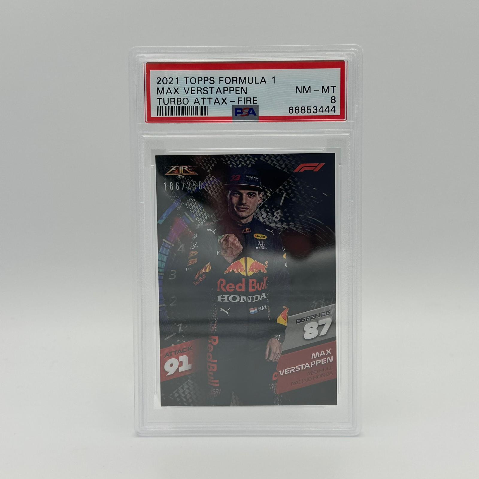 PSA 8 Graded 186/250 Max Verstappen Fire Racing Card - Rare Collectible for F1 Fans & Sports Memorabilia Enthusiasts | Perfect for Display, Trading, and Investment