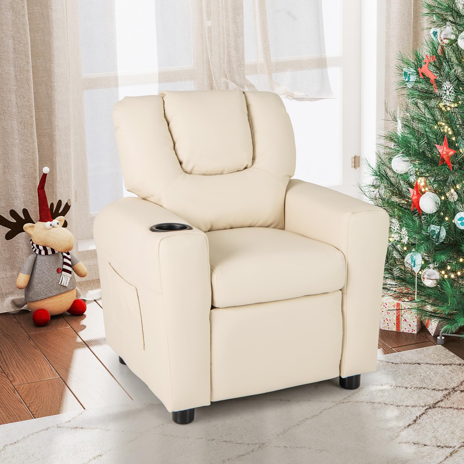 Costzon Kids Recliner Chair with Cup Holder - PU Leather Toddler Armchair with Headrest & Footrest for Boys and Girls - Comfortable Children's Sofa for Bedroom, Playroom, and Nursery (Beige) - Perfect for Reading, Watching TV, and Relaxing