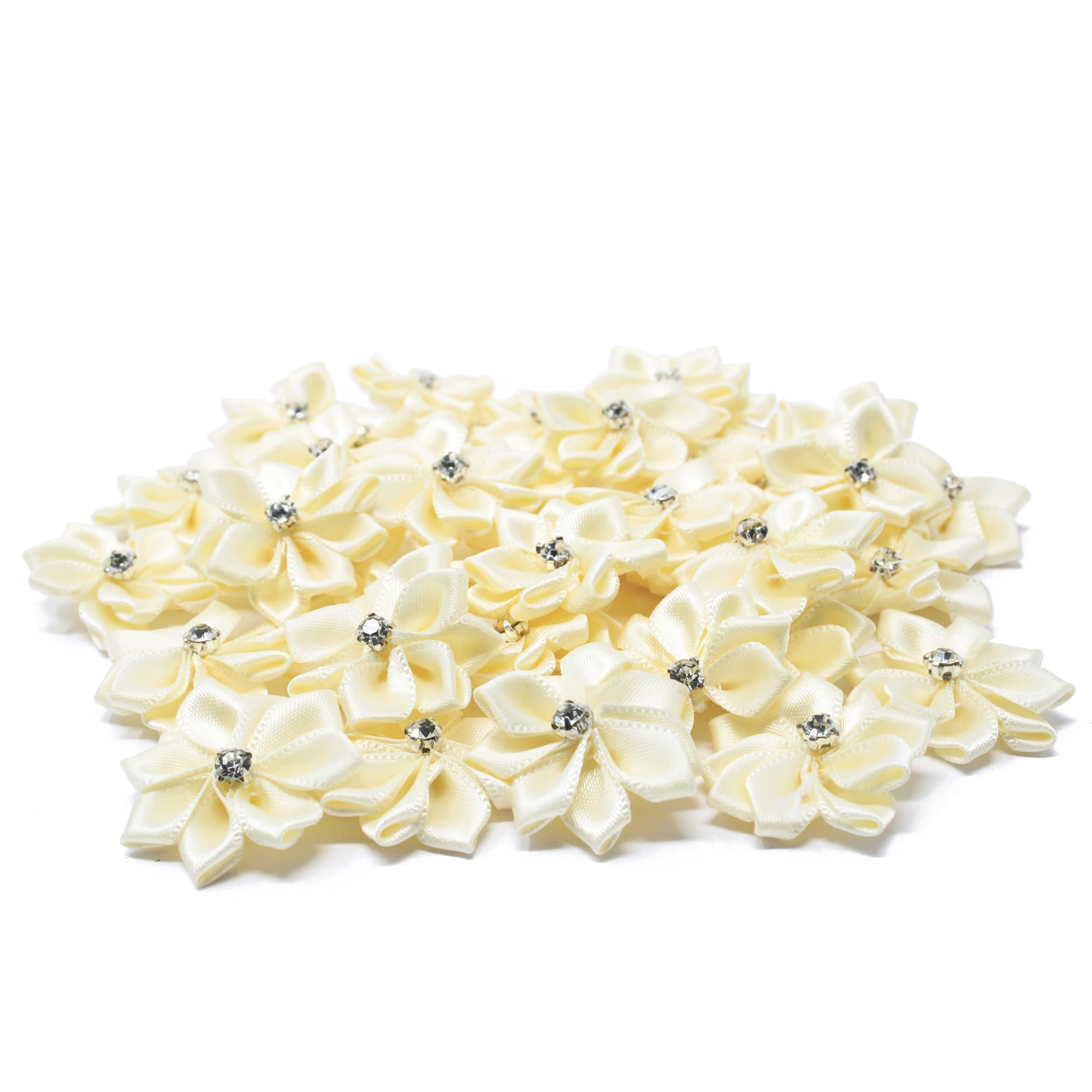 25mm Ivory Satin Ribbon Flowers with Rhinestone Center - Pack of 25 for DIY Crafts, Wedding Decorations, Hair Accessories & Gift Wrapping