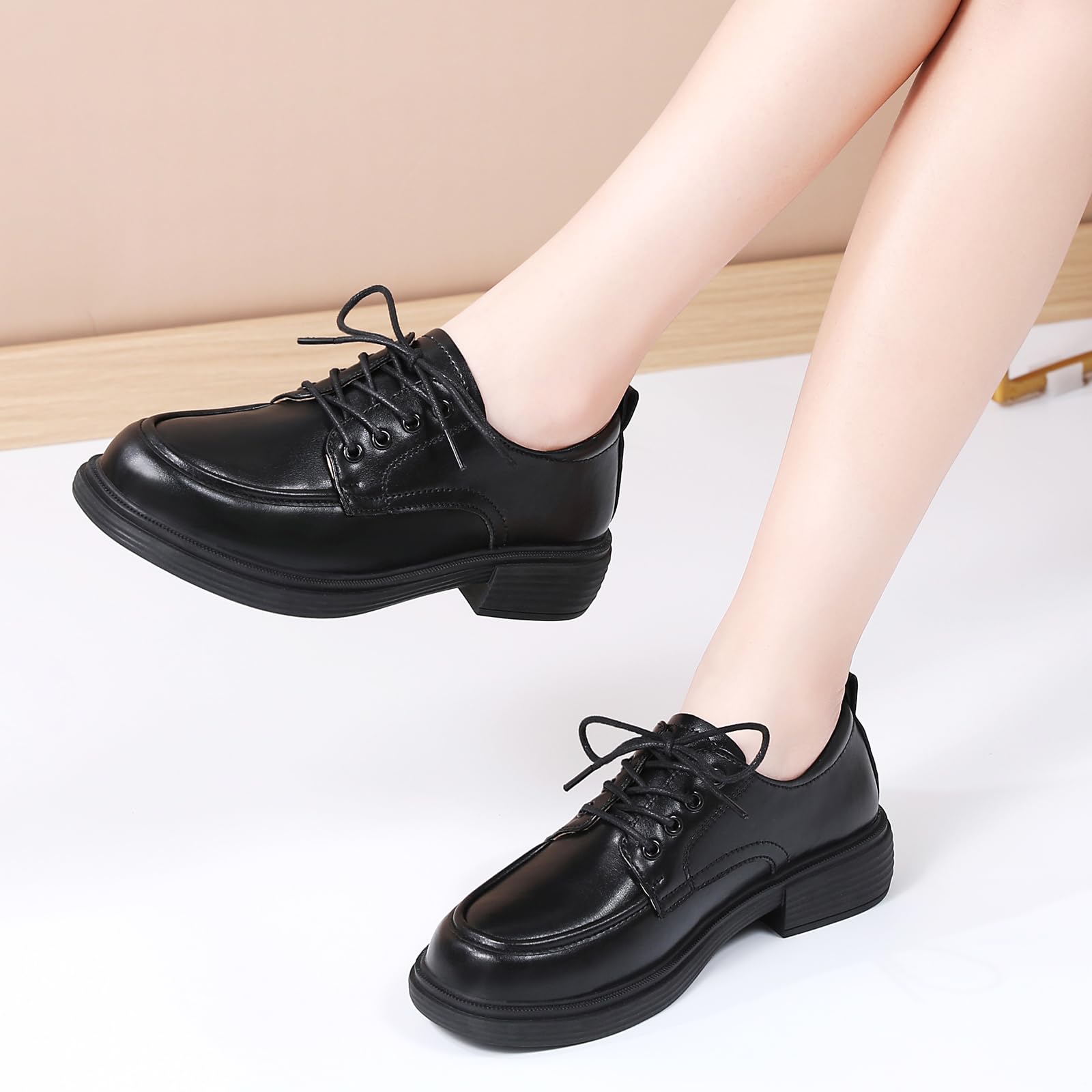 Women's Classic Leather Oxford Shoes - Lace-Up Round Toe Flat Shoes for Business & Office | Non-Slip Comfortable Dressy Shoes for Work & Casual Wear | Perfect for Professional Women, Daily Commute & Formal Occasions