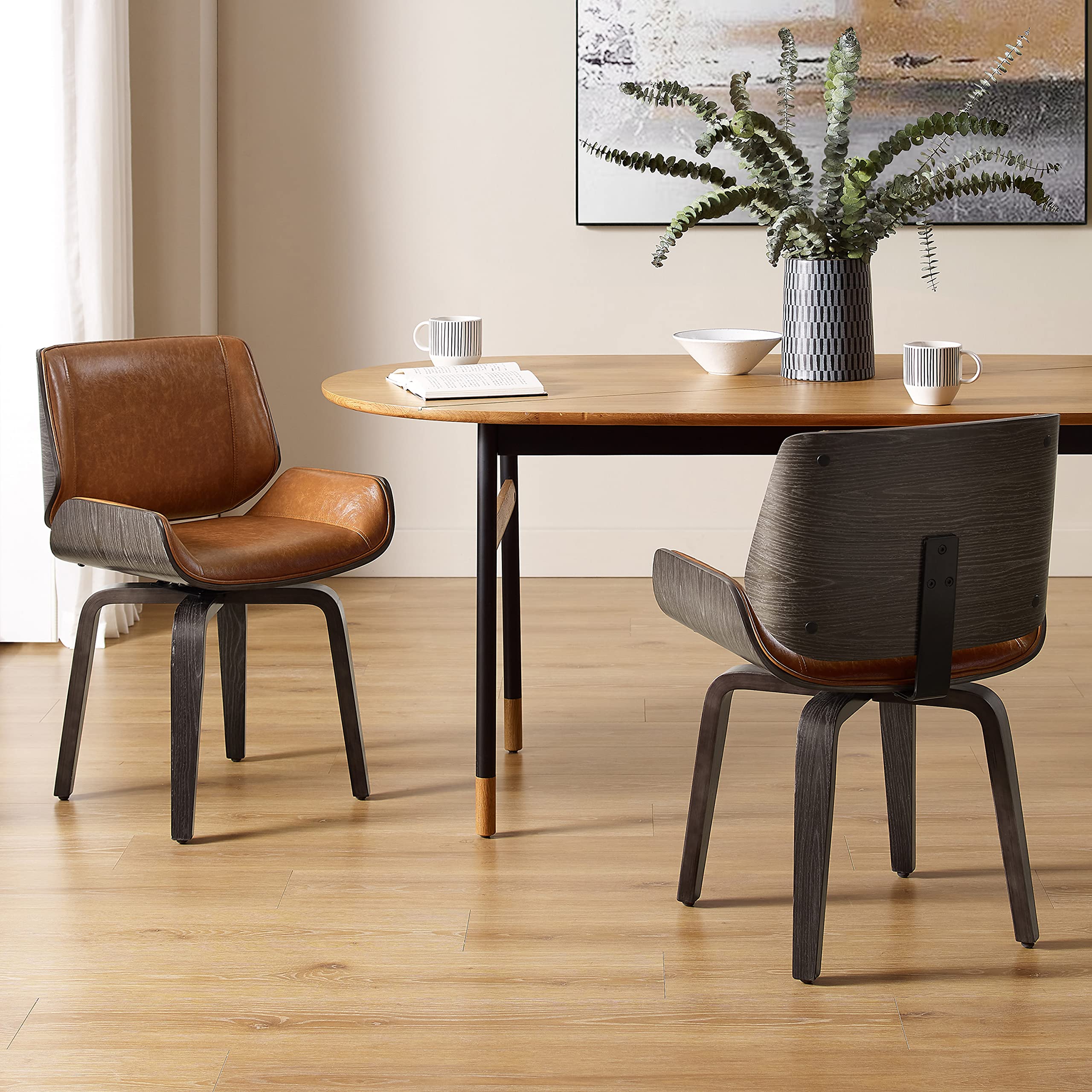 Art Leon Swivel Dining Chairs Set of 2 - Mid Century Modern Kitchen & Dining Room Chairs with Faux Leather Upholstery & Solid Wood Legs - Grey Oak Bentwood Design in Brown | Perfect for Small Spaces, Breakfast Nooks & Contemporary Dining Areas