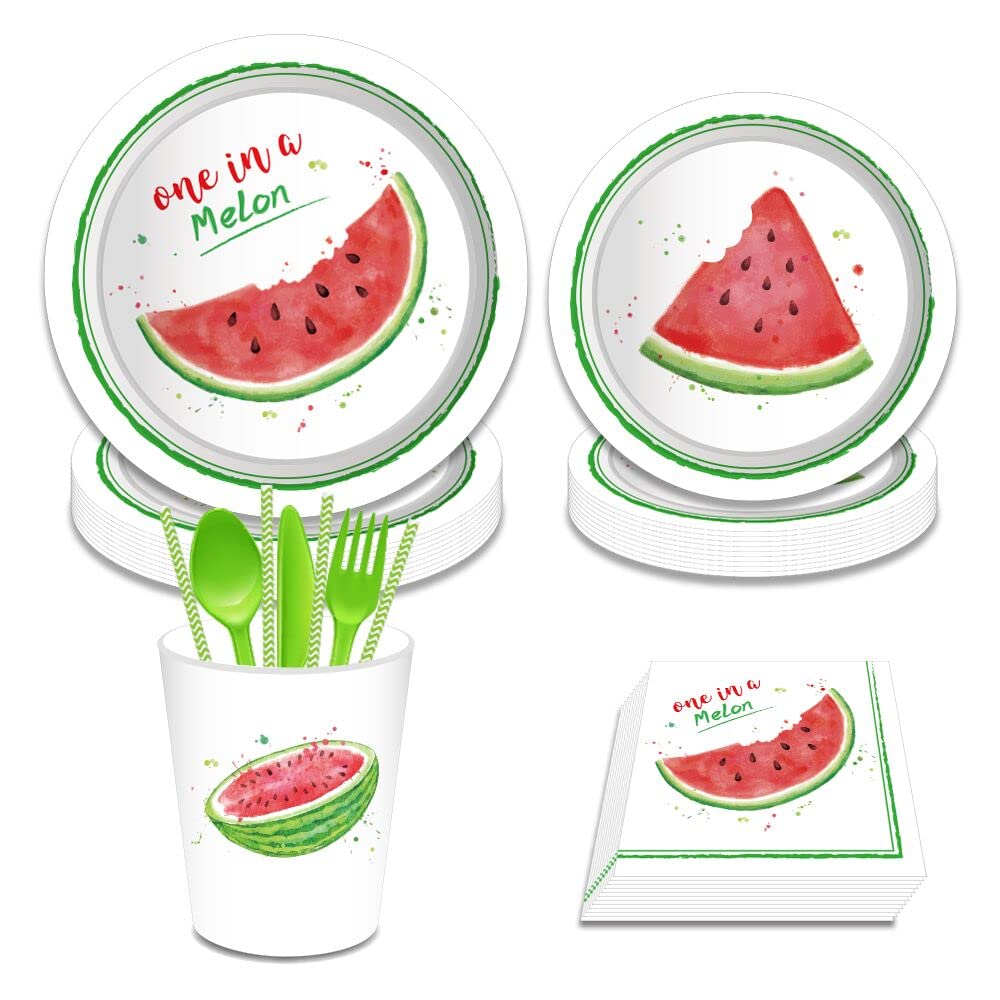 One in a Melon Watermelon Party Supplies Set - 257 Pieces Including Disposable Plates, Banners, Tablecloths, Cups & Balloons for Summer BBQs, Birthday Parties & Baby Showers