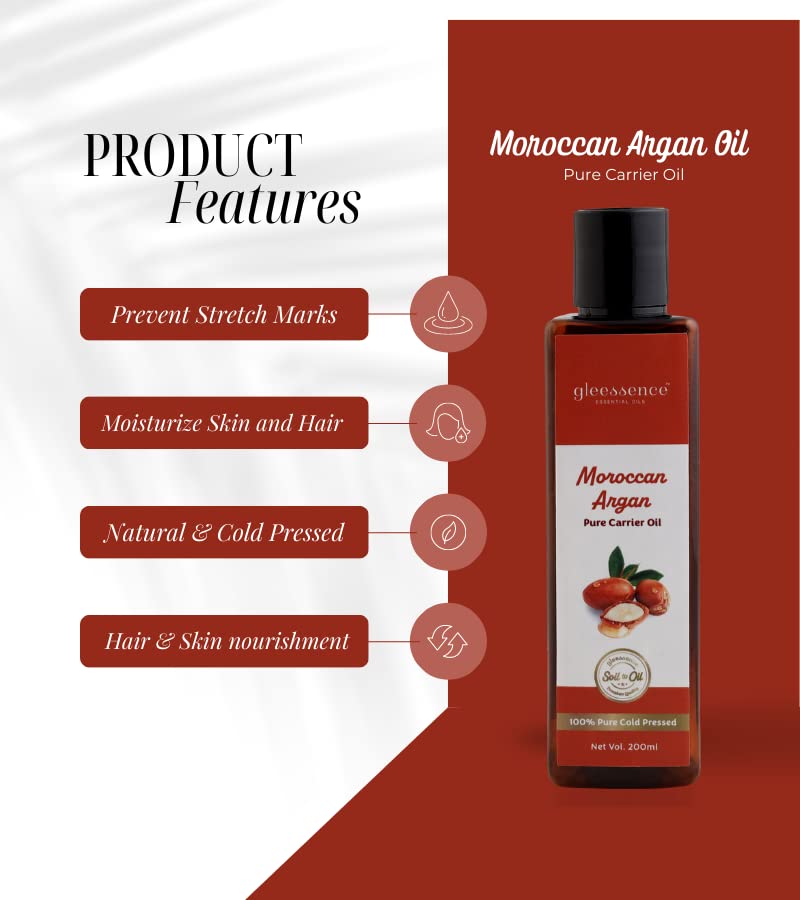 Gleessence 100% Pure Moroccan Argan Oil - Cold Pressed, 200ml | Natural Hair & Face Oil for Anti-Hair Fall & Nail Growth | Paraben, Sulfate & Mineral Oil Free | Perfect for Dry Skin, Frizzy Hair & Brittle Nails