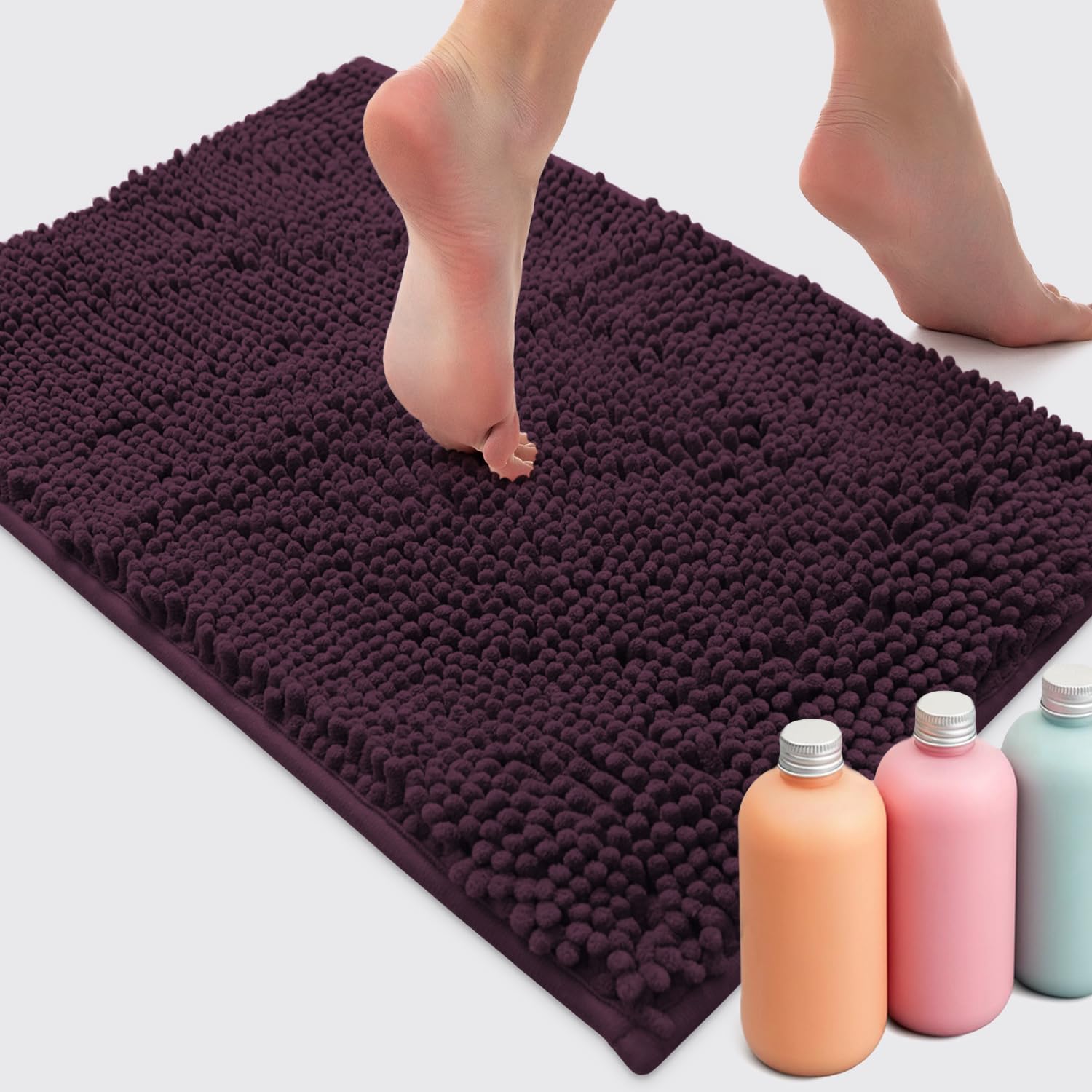 Ultra Soft Chenille Plush Bath Rugs - Non Slip Microfiber Floor Mats for Bathroom, Kitchen, Entryway & Living Room (30x20 Inches, Plum) - Absorbent & Cozy Home Decor for Wet Areas