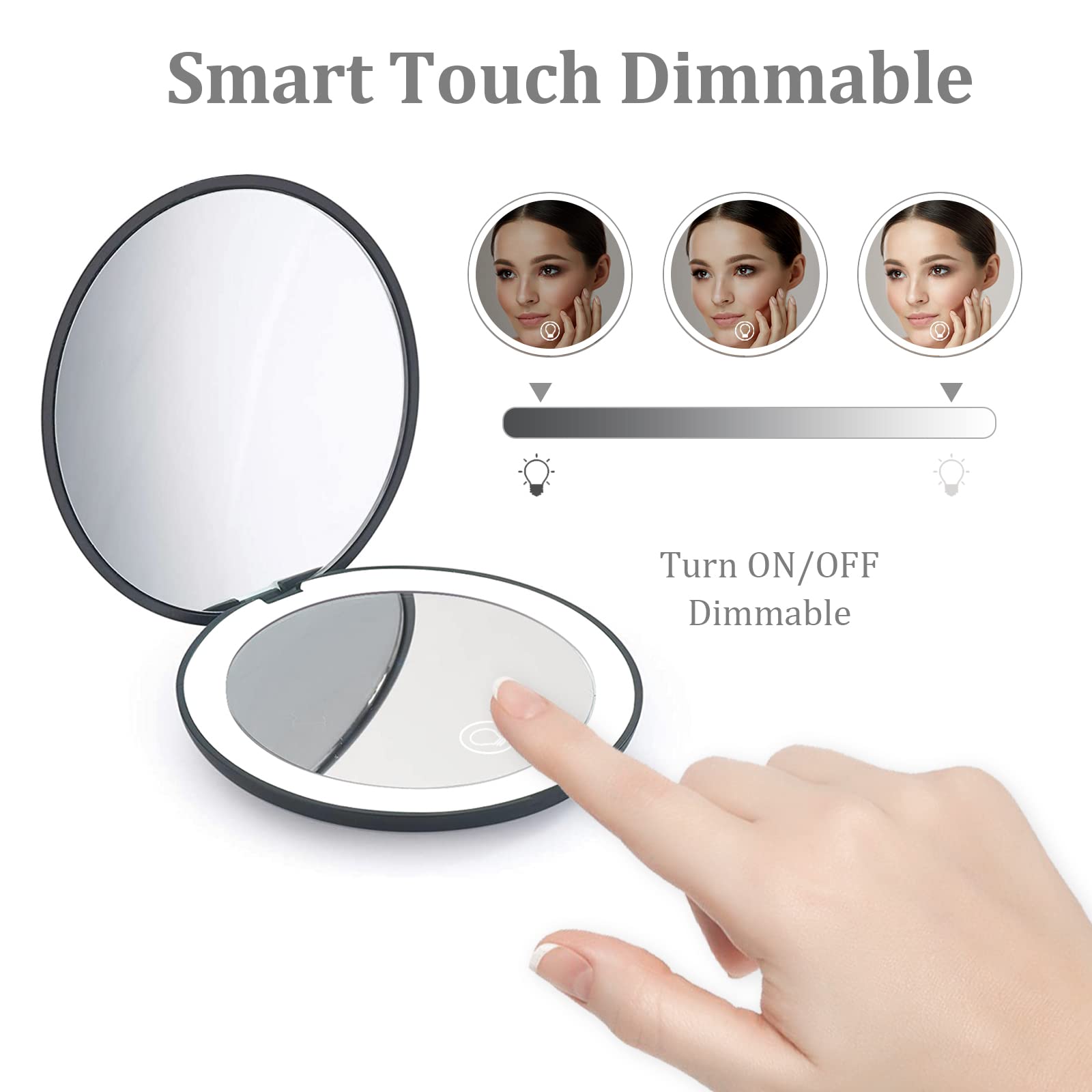 Kintion Rechargeable LED Compact Mirror with 1X/10X Magnification - Portable Folding Travel Makeup Mirror for Women, 2-Sided Handheld Round Purse Mirror with Light - Perfect for Home, Travel, and On-the-Go Touch Ups (Black)