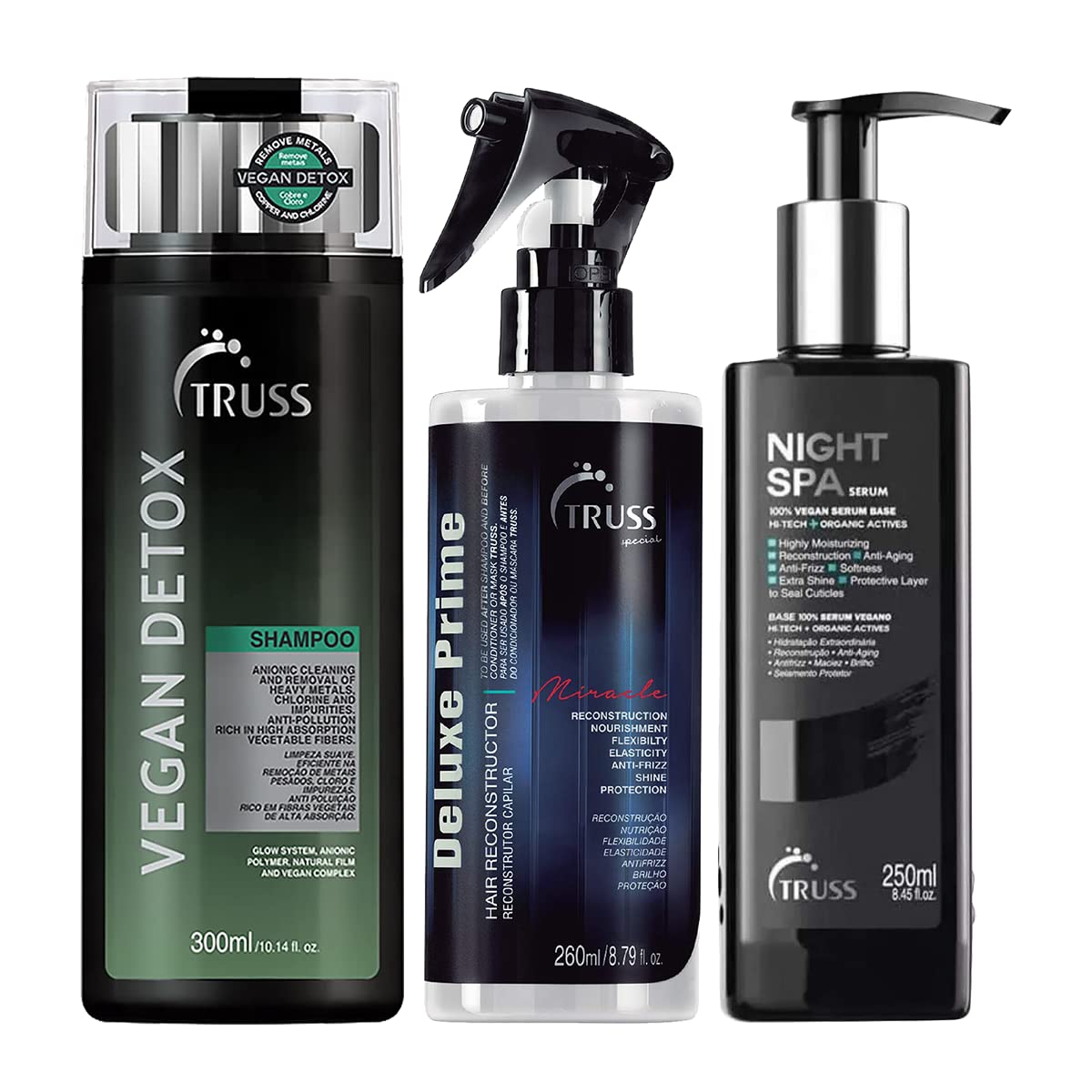 TRUSS Vegan Detox Shampoo Bundle with Deluxe Prime Hair Treatment & Night Spa Serum - Organic Hair Care Set for Dry, Damaged Hair - Perfect for Salon-Quality Treatment at Home