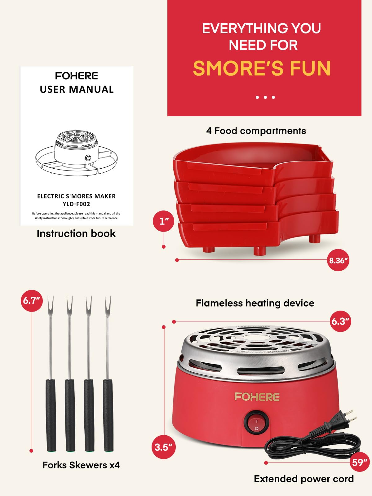 FOHERE Electric Smores Maker Indoor Flameless Marshmallow Roaster with 4 Detachable Trays & 4 Roasting Forks - Perfect for Movie Nights, Camping at Home, Housewarming Gifts & Family Gatherings (Red)