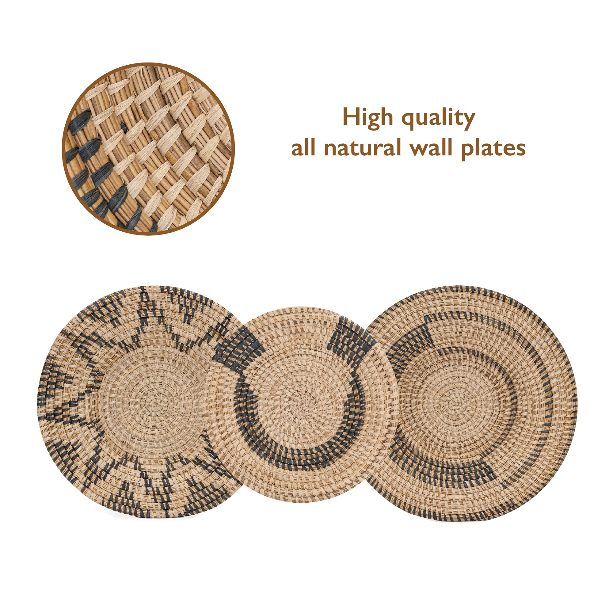 All Across Africa Boho Wall Plate Set of 3 - Natural Raffia Woven Wall Basket Decor with Easy Hang Loops, Dark Gray Castlerock | Perfect for Living Room, Bedroom, or Office Boho Decor