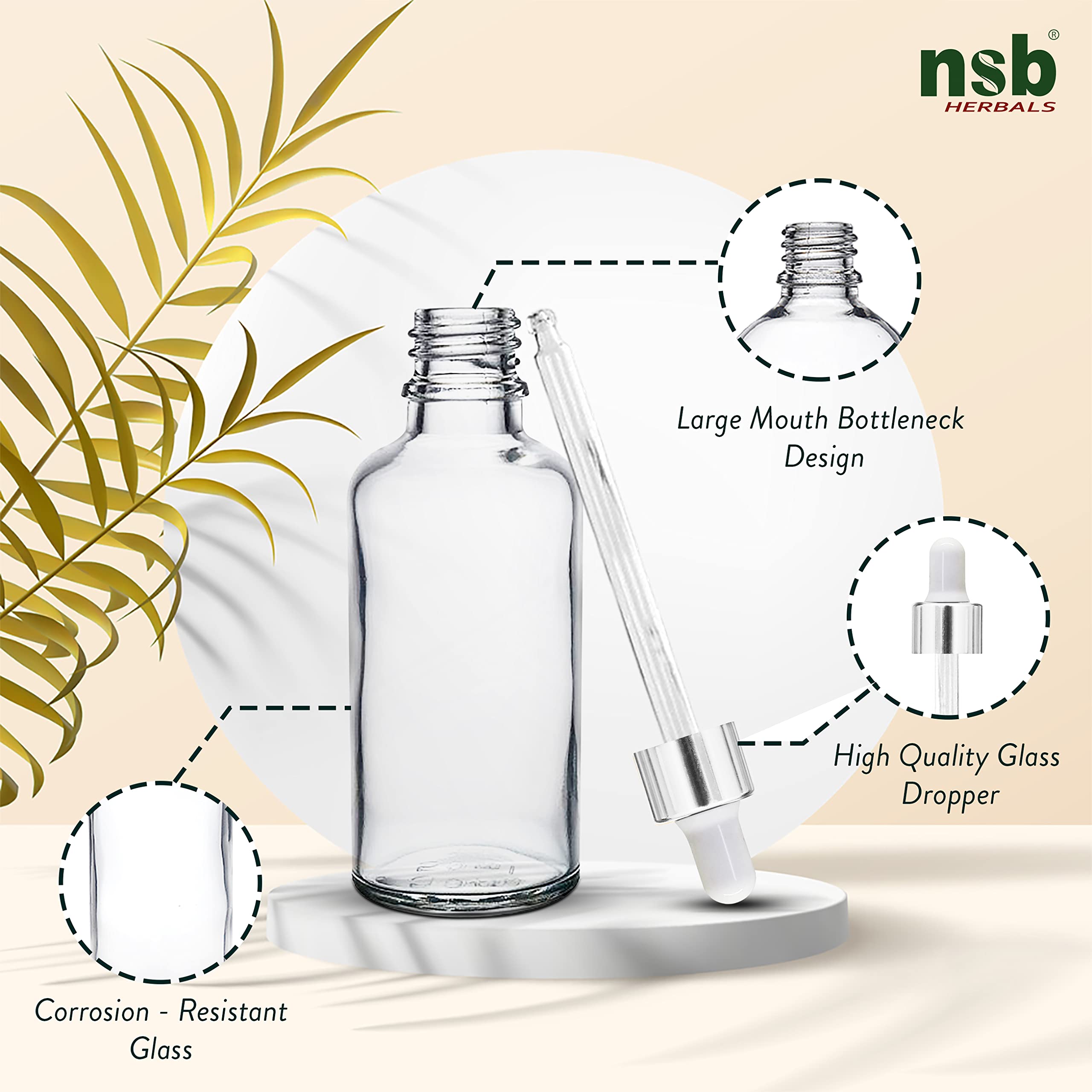 NSB Herbals 50ml Clear Round Empty Glass Bottle with Glass Dropper, Silver Ring & White Silicone Teat - Refillable for Essential Oils, Perfumes (Pack of 3) | Perfect for DIY Aromatherapy, Travel Size Liquids & Homemade Beauty Products