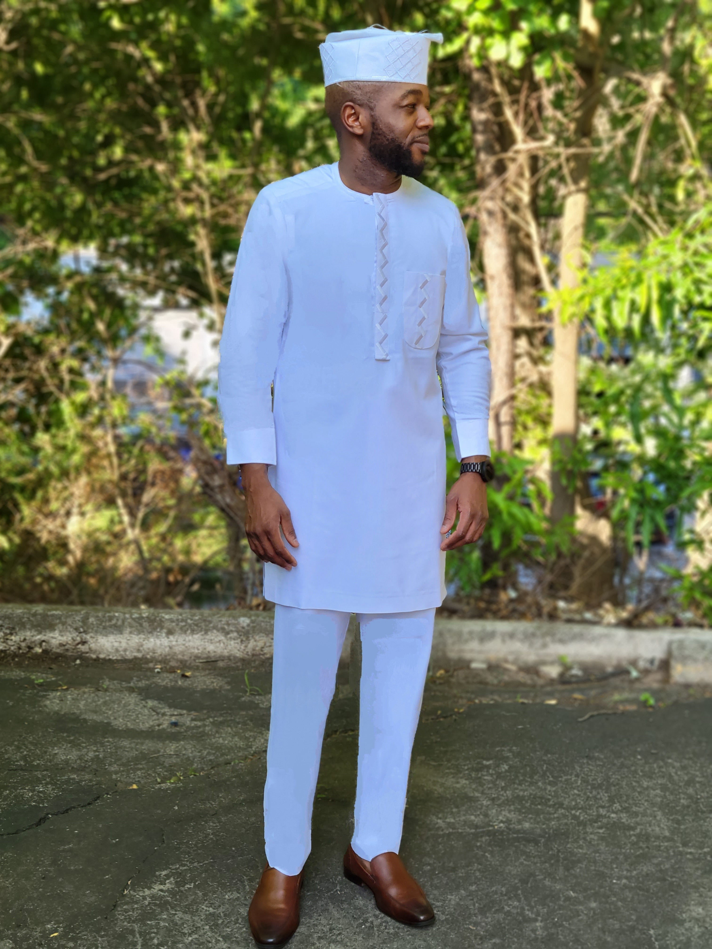 Felix Embroidered White African Senator Kaftan Dashiki Top with Matching Pants DPXWSS5 | Traditional Nigerian Wedding Outfit | Perfect for African Parties, Cultural Events & Special Occasions