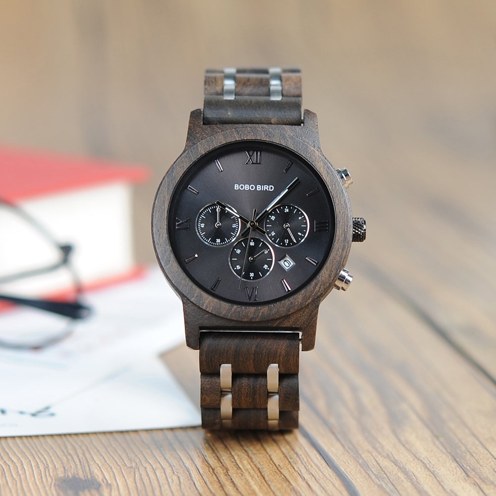 BOBO BIRD Men's Wooden Watches - Luxury Wood & Metal Strap Chronograph with Date Display, Quartz Watch for Men - Perfect for Business, Casual & Outdoor Activities