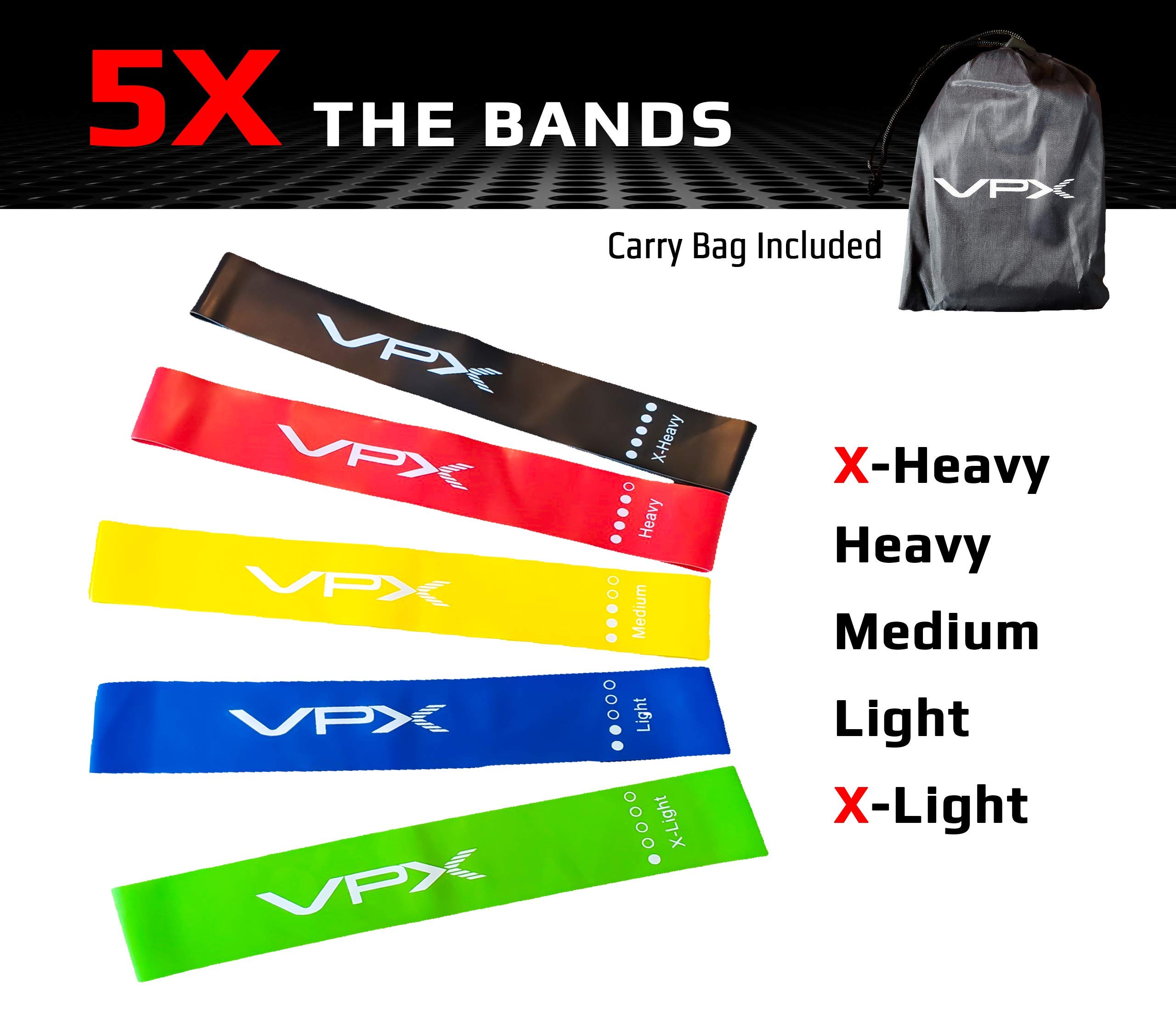 VPX Resistance Loop Bands Set of 5 - Latex Exercise Bands for Men & Women - Squat, Glute, Leg & Abs Workout - Non-Irritating Fitness Equipment for Home Gym, Yoga, Pilates & Physical Therapy