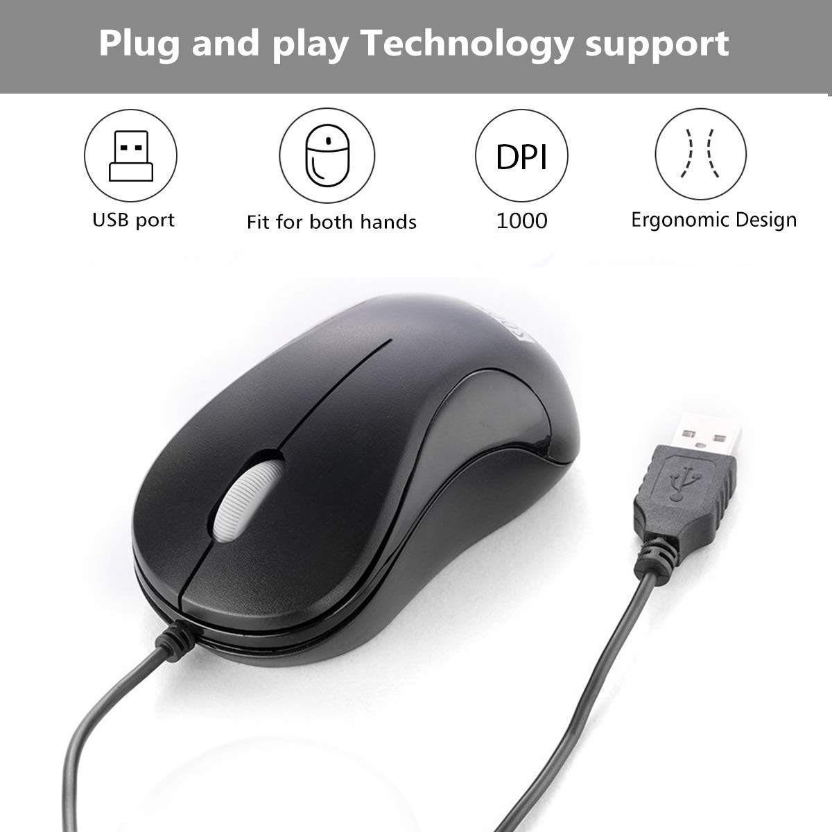 SOONGO 2 Pack USB Wired Mouse - Ergonomic Optical Computer Mice for PC, Laptop, Desktop - Black (Perfect for Office, Home & Gaming Use)