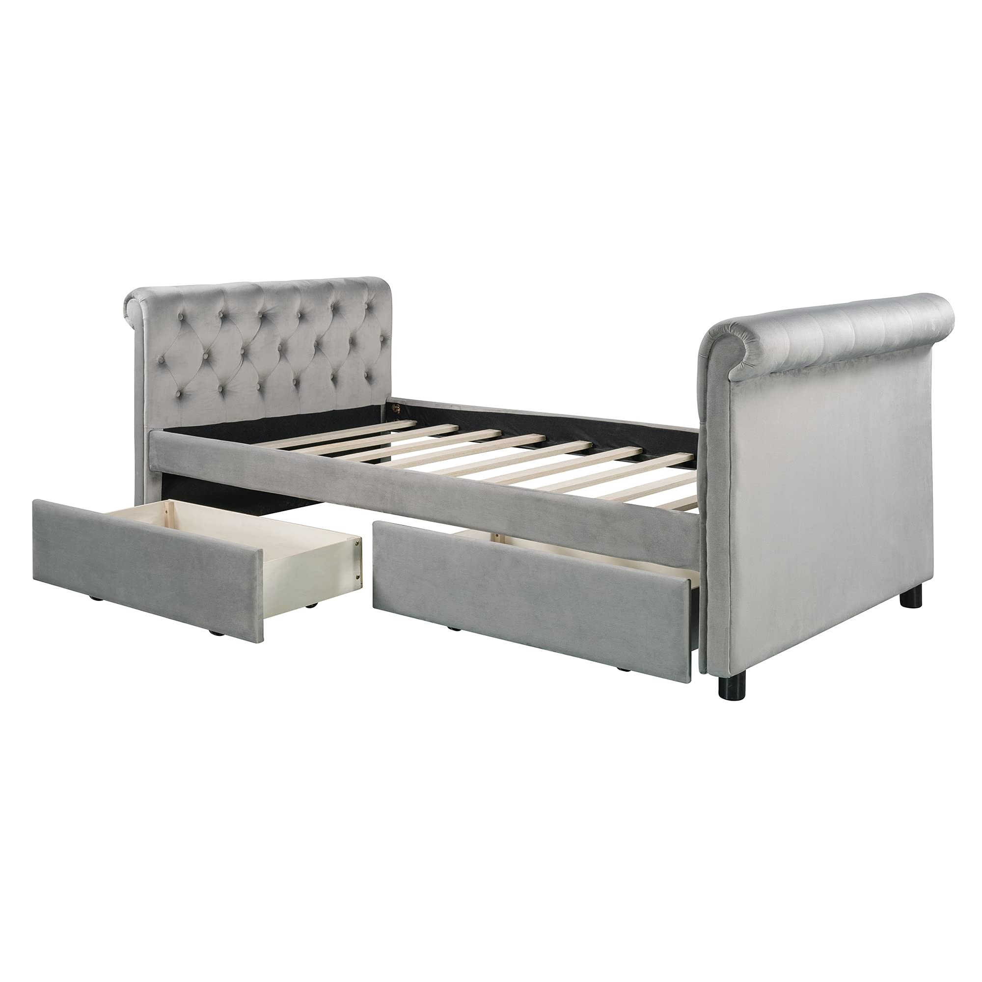 Twin Size Upholstered Daybed with Storage Drawers - Classic Style Convertible Sofa Bed with Wood Slat Support in Gray | Perfect for Guest Rooms, Small Apartments & Multi-Functional Spaces