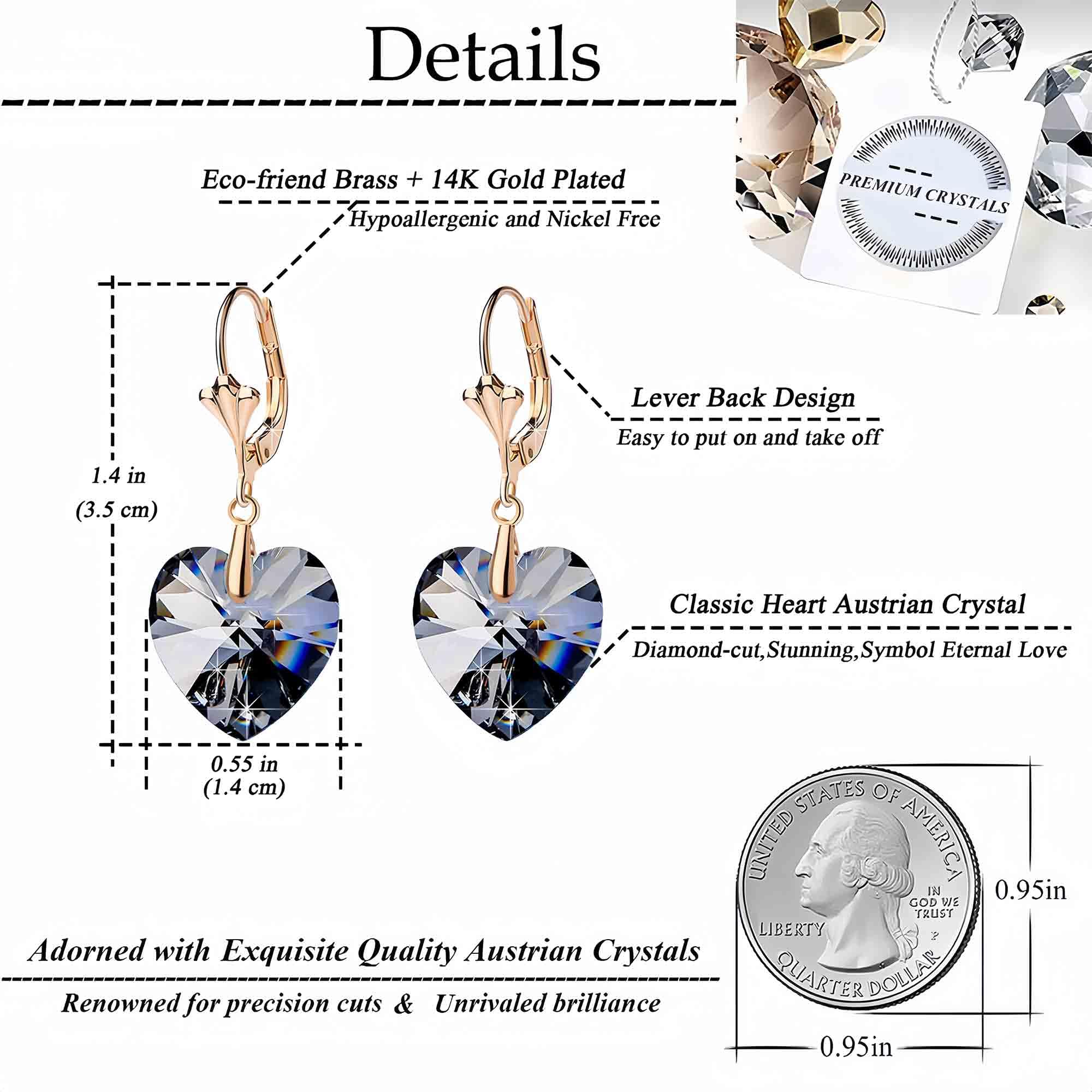Austrian Crystal Heart Drop Leverback Earrings for Women - 14K Rose Gold Plated Hypoallergenic Dangle Earrings | Elegant Gift for Valentine's Day, Anniversary & Special Occasions
