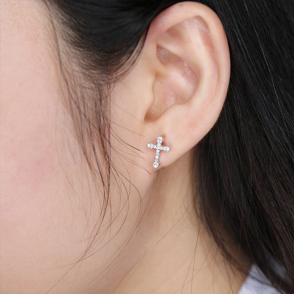 AoedeJ Sterling Silver Cubic Zirconia Cross Stud Earrings for Women & Men - Religious Jewelry Gift for Baptism, Confirmation & Everyday Wear