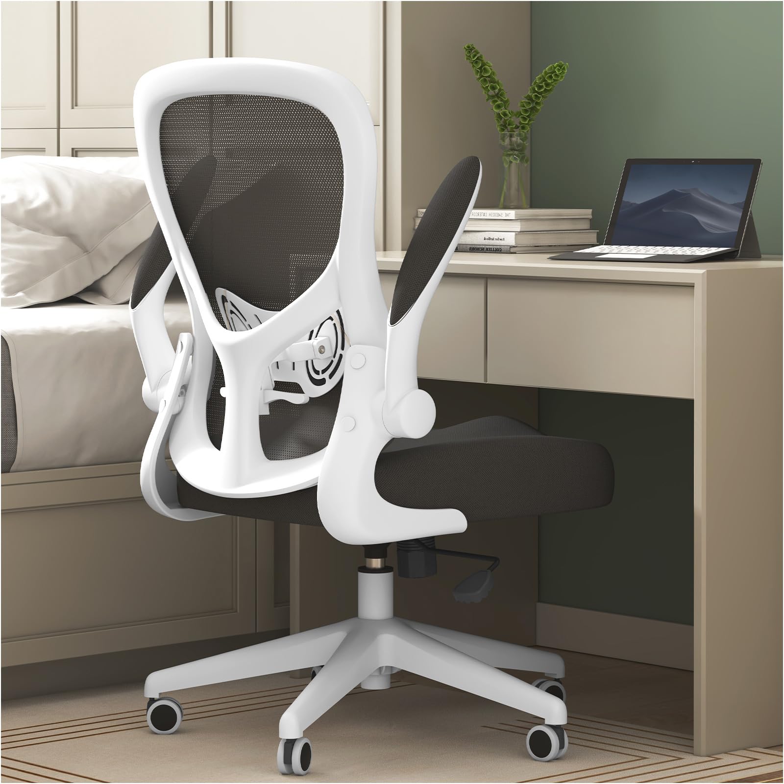 Hbada Ergonomic Office Chair - Adjustable Lumbar Support Mesh Computer Desk Chair with PU Silent Wheels, Flip-Up Armrests & Tilt Function - White | Perfect for Home Office, Gaming & Workspace