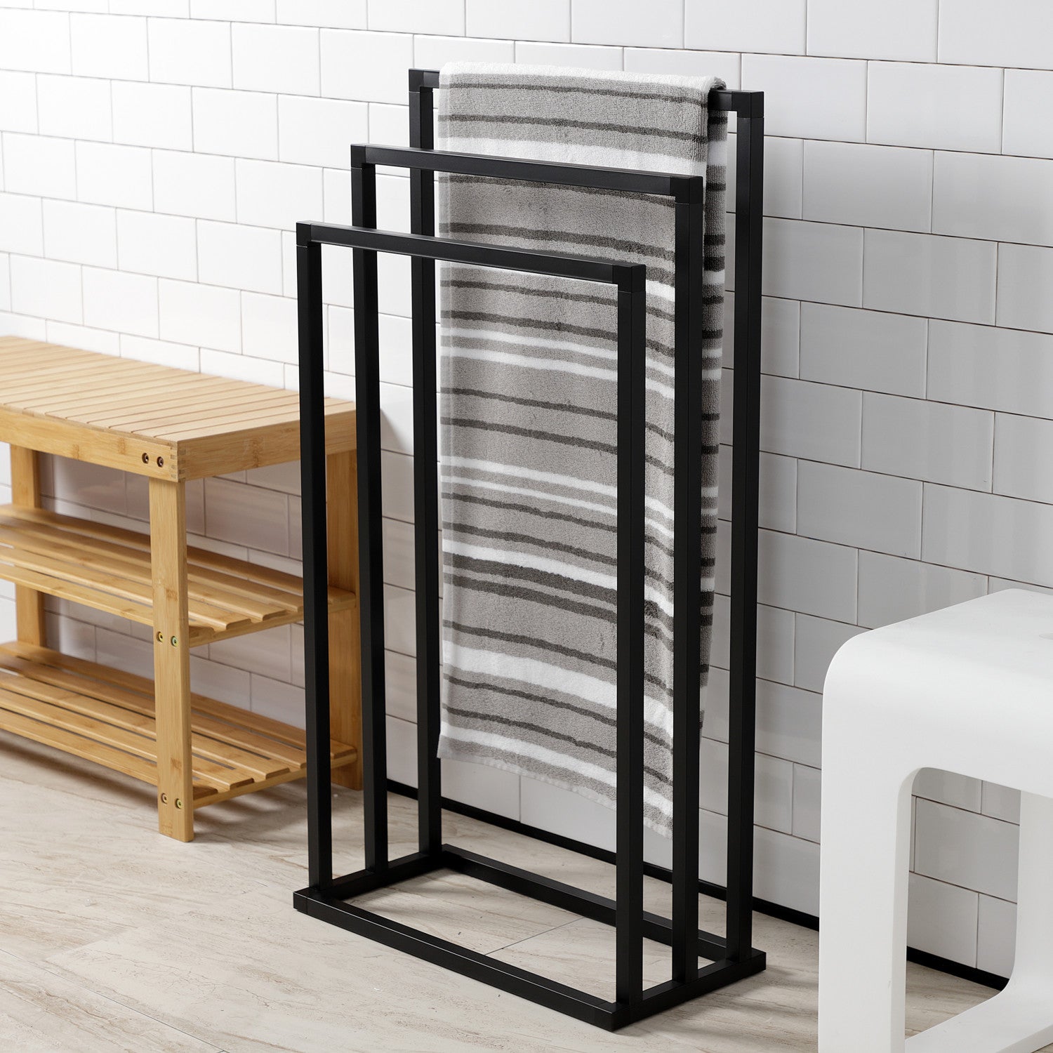 Edenscape 33 1/8 Inch Freestanding Pedestal 3 Tier Towel Rack - Bathroom Storage Organizer for Towels, Robes & Accessories - Perfect for Spa, Master Bath & Guest Room Decor
