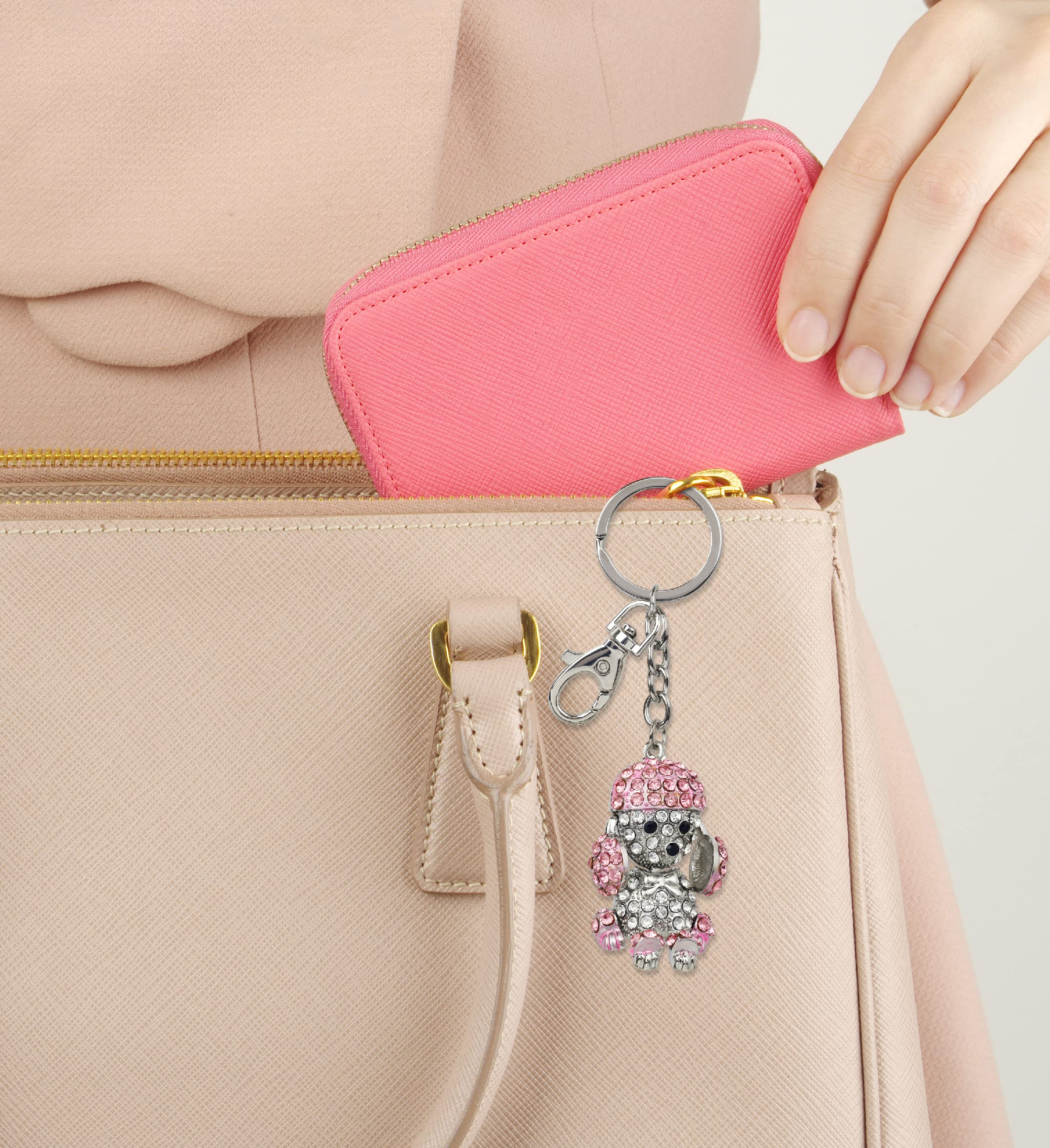 Sparkling 3D Pink Poodle Dog Keychain - Elegant Silver Rhinestone Charm Key Ring with Secure Clasp | Fashion Jewelry Accessory for Women | Perfect for Keychains, Bags, Gift Giving & Party Favors